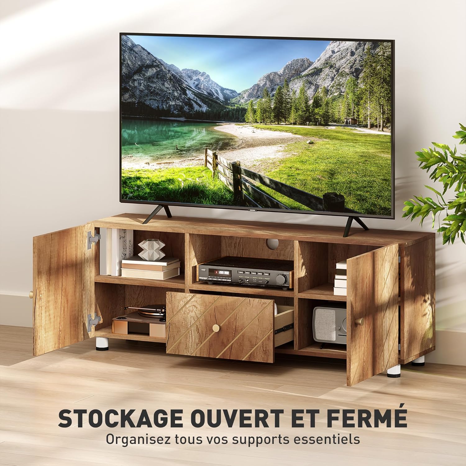 Thumbnail 3 de HOMCOM Meuble TV en Bois Naturel – Banc TV 120 x 30 x 45 cm, jusqu’à 50 pouces, 2 armoires, compartiment ouvert et tiroir