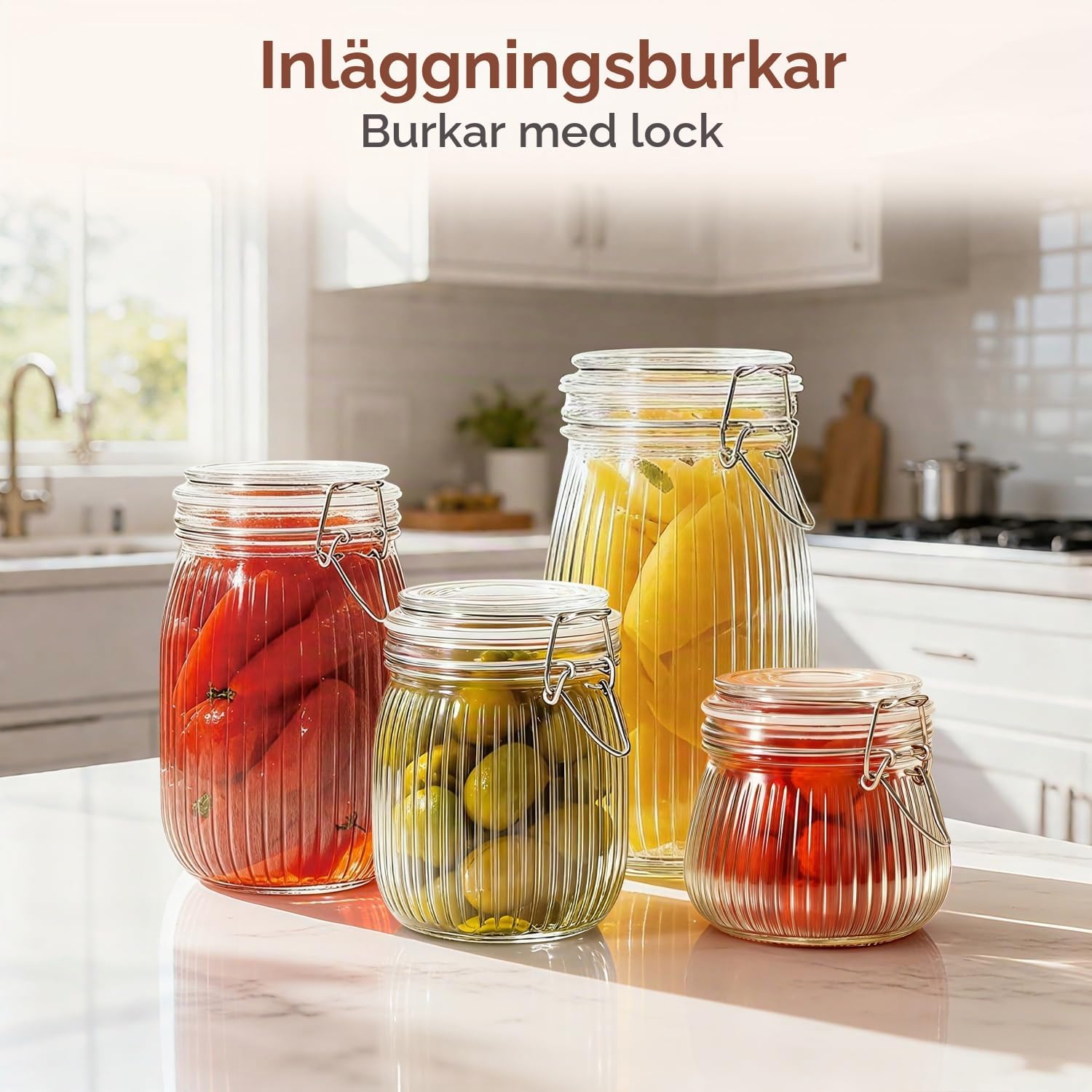 Detalle de ComSaf lufttäta glasburkar, 6 × 750 ml med räfflat glas