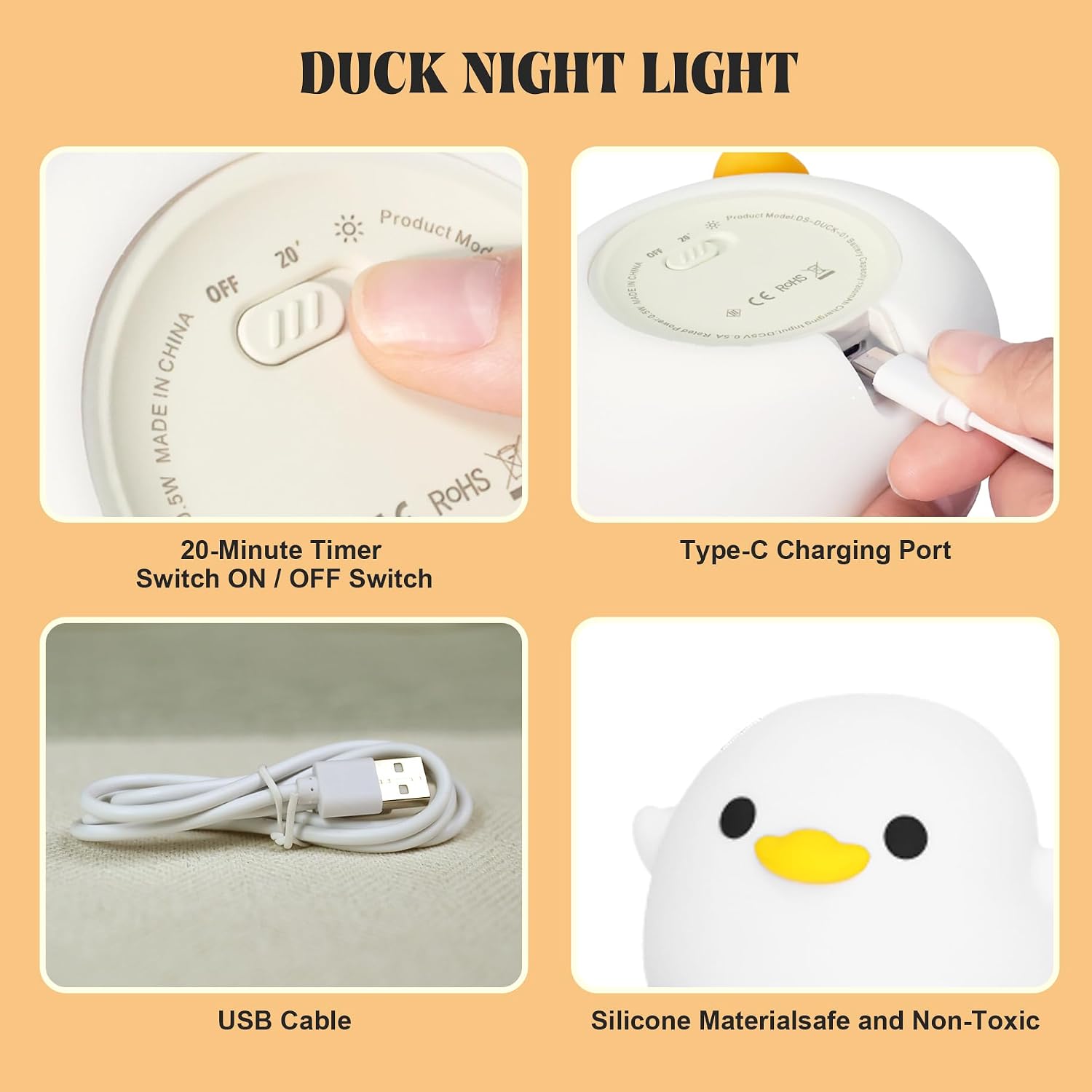 Detalle de YuanDian Dodo Duck LED Nachtlicht – wiederaufladbare Silikon-Entenlampe mit Touch-Sensor