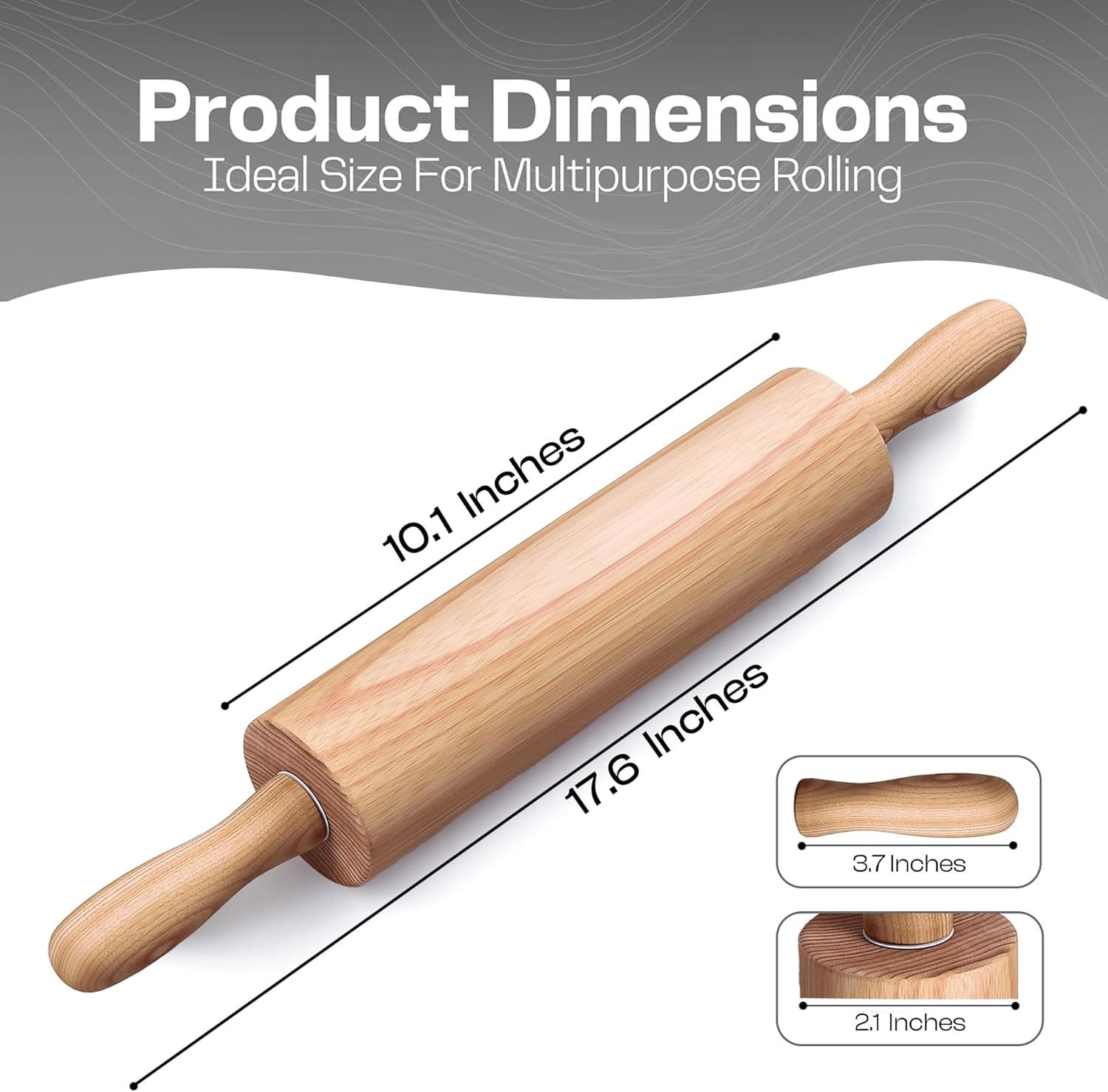 Detalle 2 de Wooden Rolling Pin 17.6 Inch with Rotating Ergonomic Handles (Classic Beech Wood) for Pizza, Pastry, Bread & Cookies