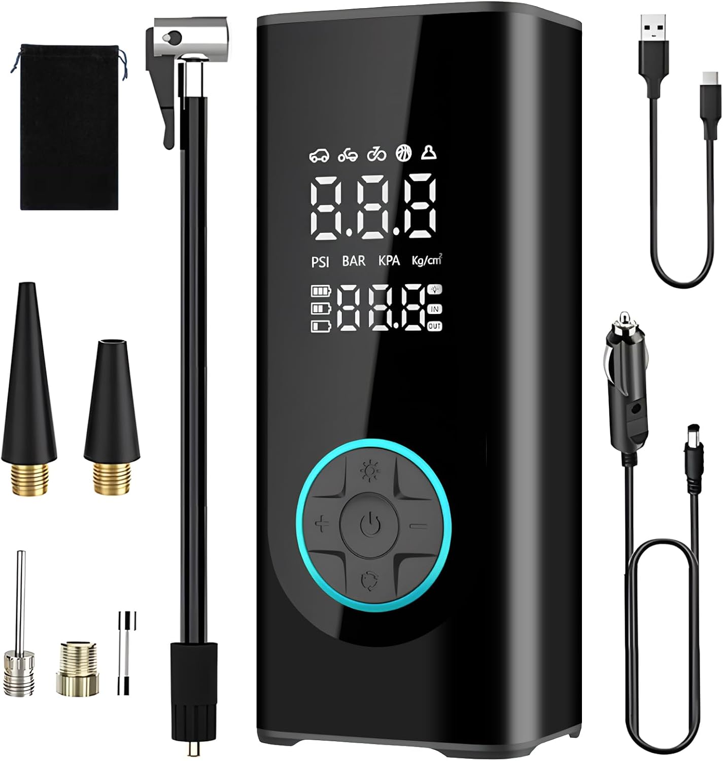 Portable Car Tyre Pump Air Compressor with Digital Tyre Inflator, Preset Pressure, Auto Shut-Off & 3-Mode LED Light (up to 150PSI)