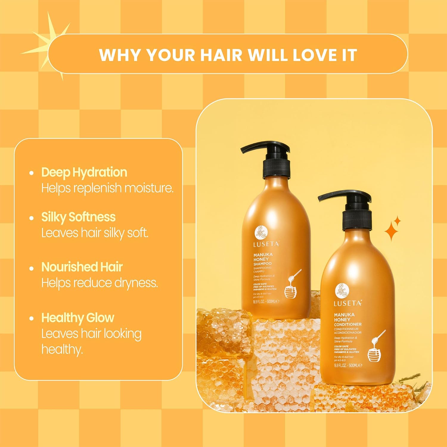 Detalle de Luseta Manuka Honey Shampoo and Conditioner Set, Sulfate-Free Hydration