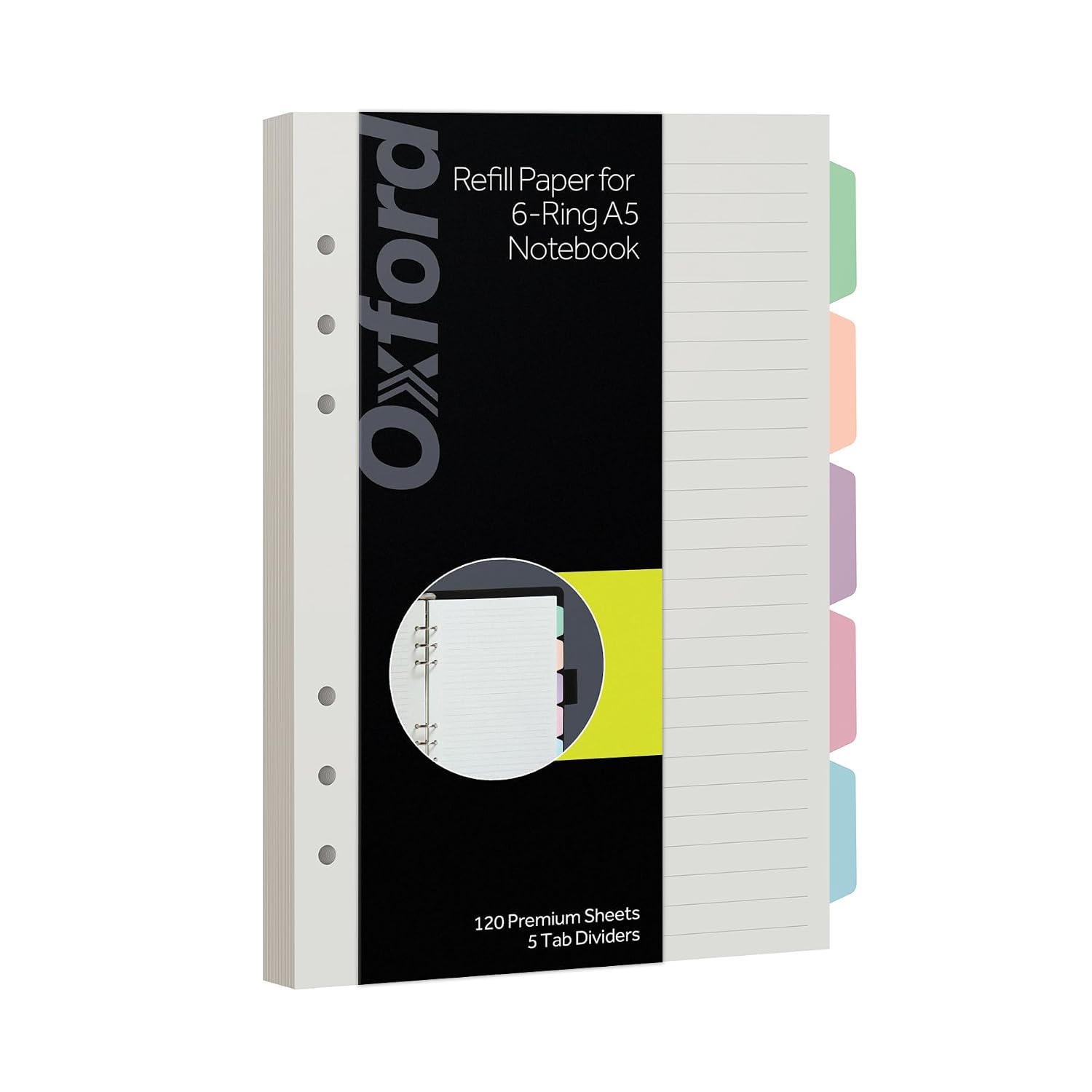 Detalle de Oxford A5 Refill Paper (1016731), 6-Ring Lined Inserts, 5 Pastel Tabs, 120 Sheets