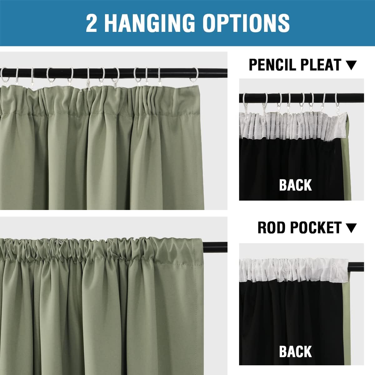 Detalle de BellaHills 100% Blackout Curtains for Bedroom (2 Panels, 46 x 54 Inch) with Black Liner, Light Sage