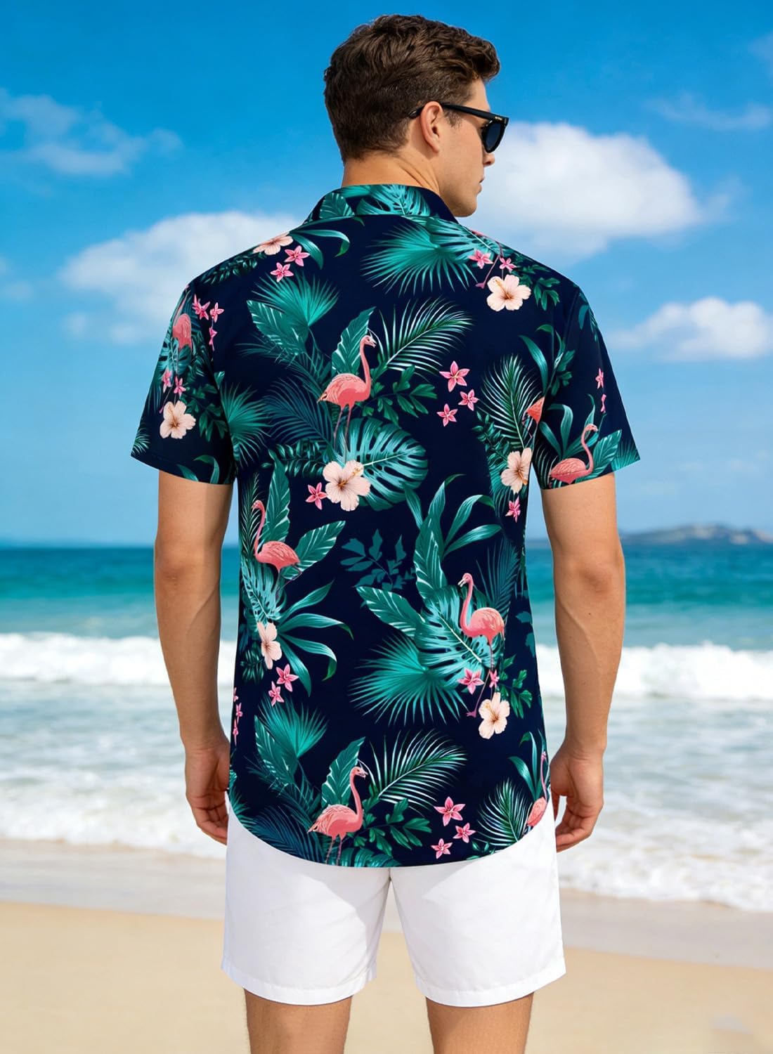 Detalle de XiaoMoSha Men's Hawaiian Shirt – Short Sleeve, Wrinkle-Free, Vibrant Floral Tee for Holidays