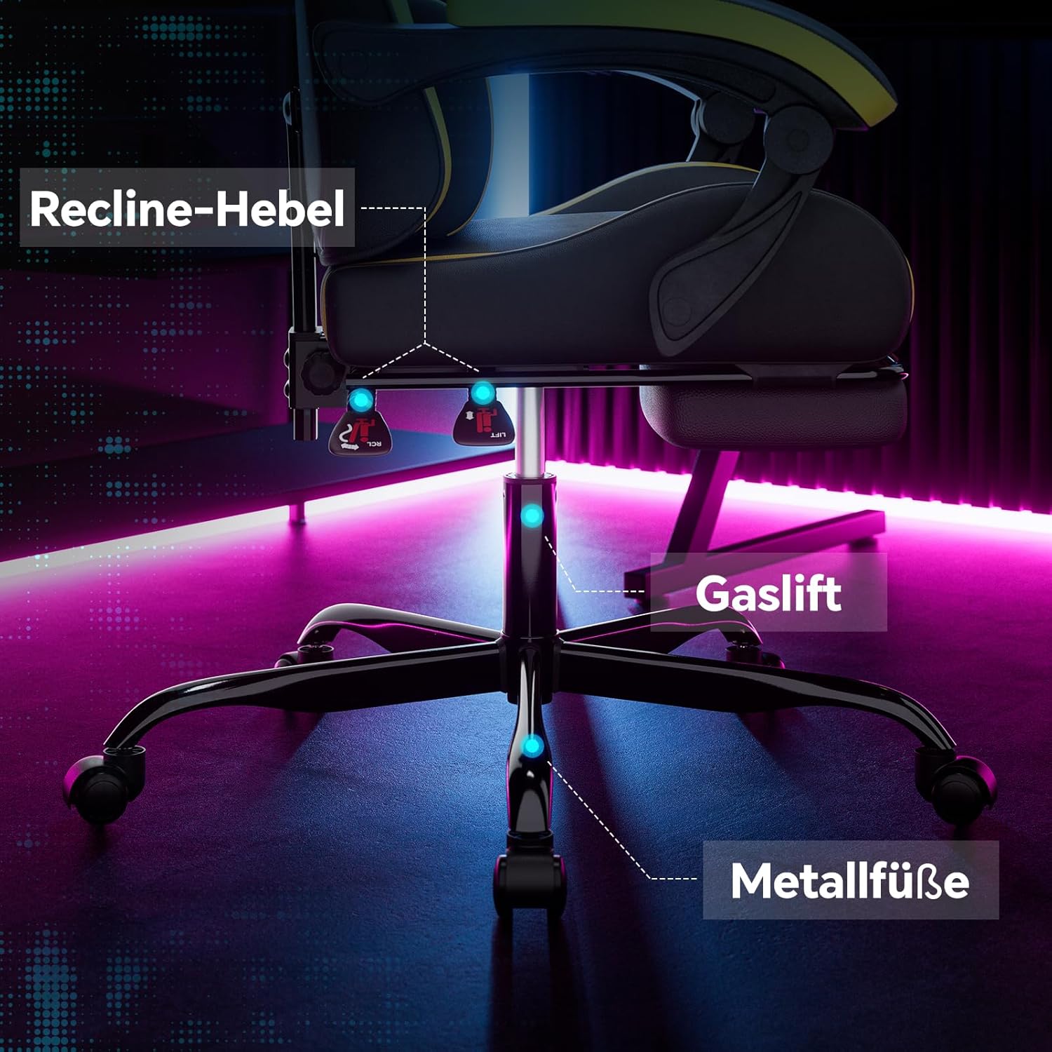 Thumbnail 3 de NIONIK Ergonomischer Gaming-Stuhl mit Fußstütze – Verstellbarer Computerstuhl mit Kopfstütze, Lendenwirbelstütze & Höheneinstellung (Orange BY)