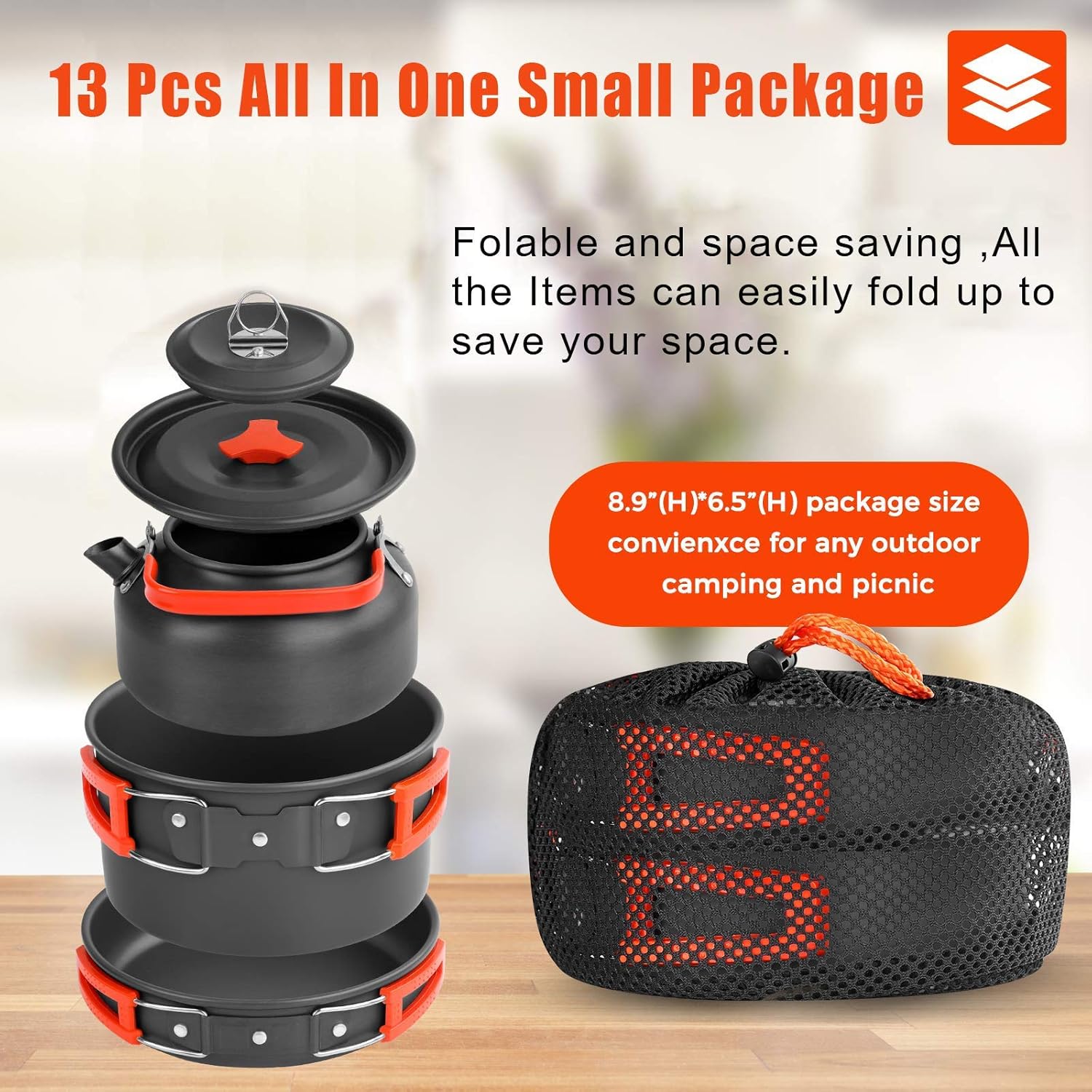 Detalle de Aandyou Camping Cookware Kit (13-piece) for 2–3 people: non-stick pot, pan & 0.8 L kettle