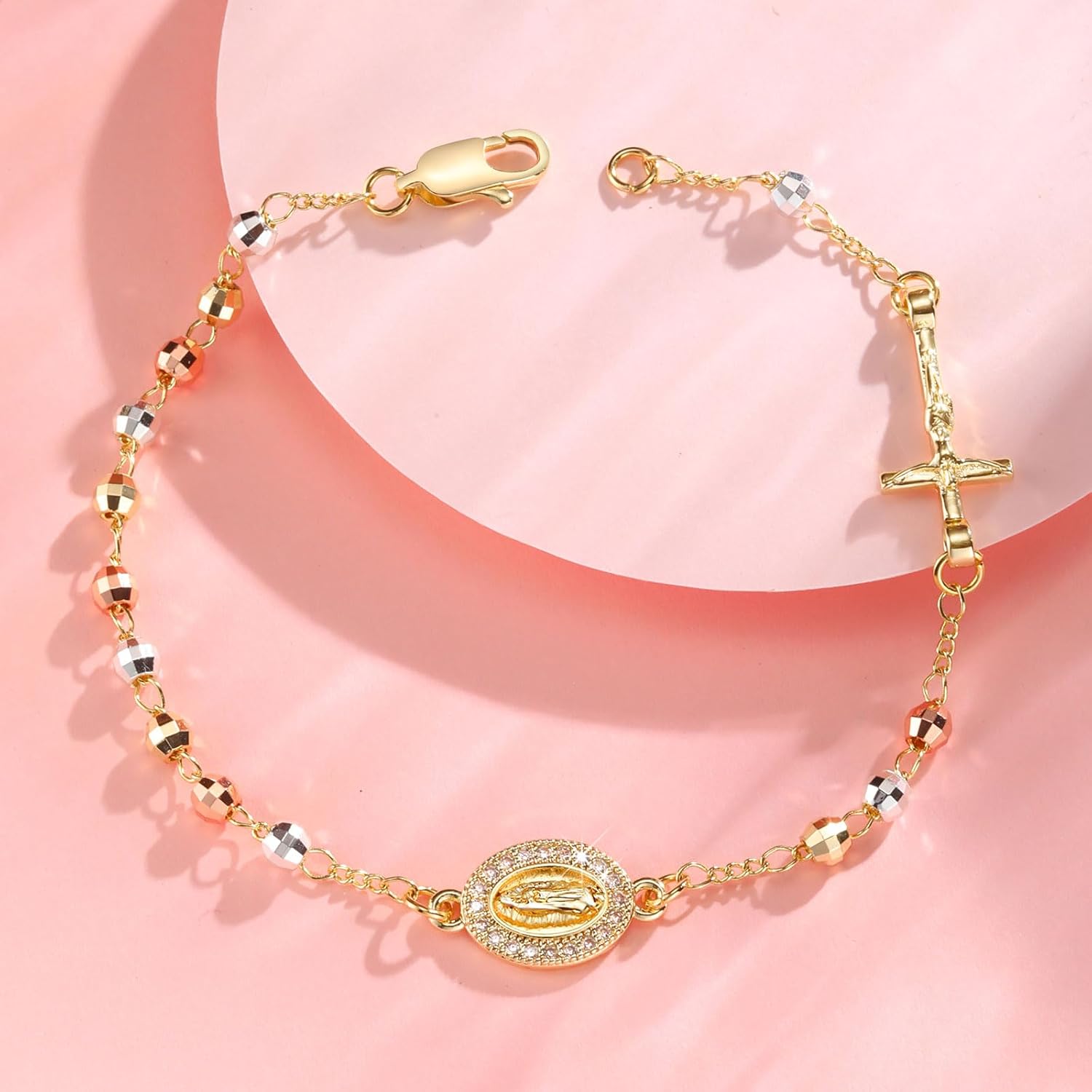 Detalle de VNOX Rosenkranz Armband Damen – Katholisch, Maria Anhänger, Kreuz Glaubensschmuck, religiöser Armreif