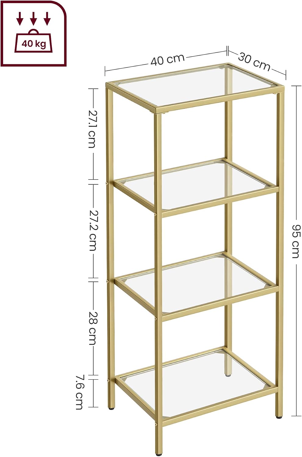 Detalle de VASAGLE BARIS Collection LGT28G 4-Tier Glass Shelf, Matte Black Frame