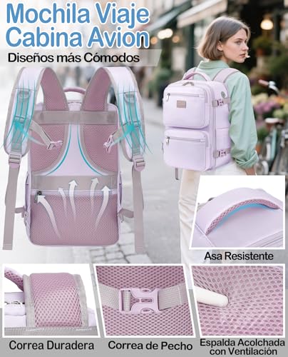 Detalle 1 de LYNXCHER Mochila de viaje 30 L, 45 x 36 x 20 cm, para portátil de 15,6 pulgadas, lila