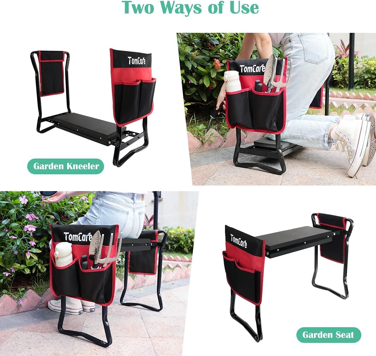 Detalle de TomCare Garden Kneeler and Seat: Wider 10.64” Pad, 400 lb Capacity, Foldable with Dual Tool Pouches