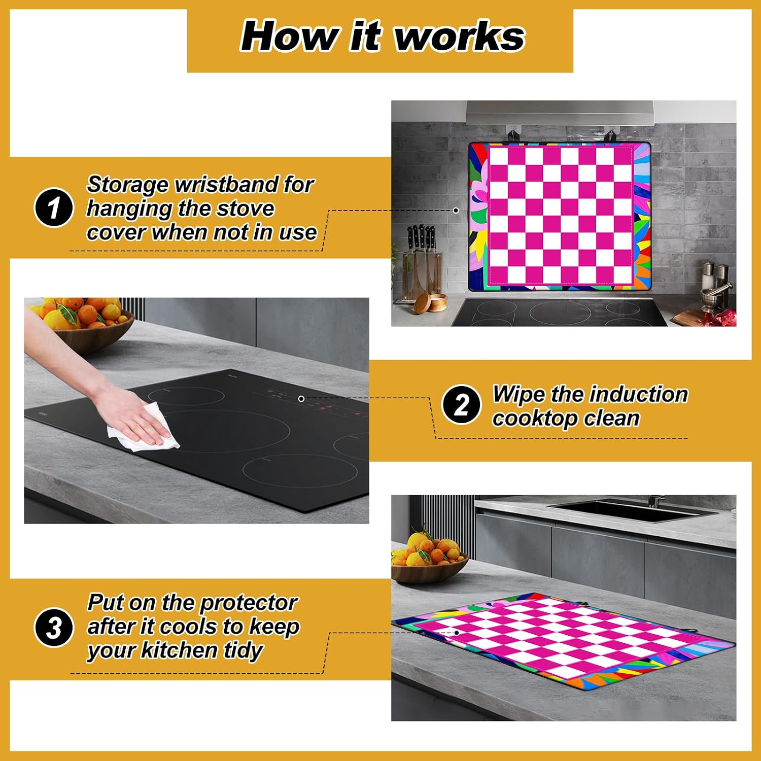 Detalle 1 de KitchenRaku Stove Cover, 52x78 cm Silicone Cooktop Protector, Checkered & Floral