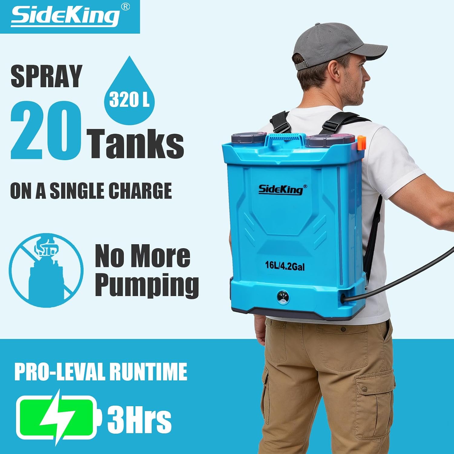 Thumbnail 1 de SideKing Akku-Drucksprüher 16L – Rückenspritze mit 8,3 Bar, stufenloser Druckregulierung und Doppel-Lanze (inkl. Lader)