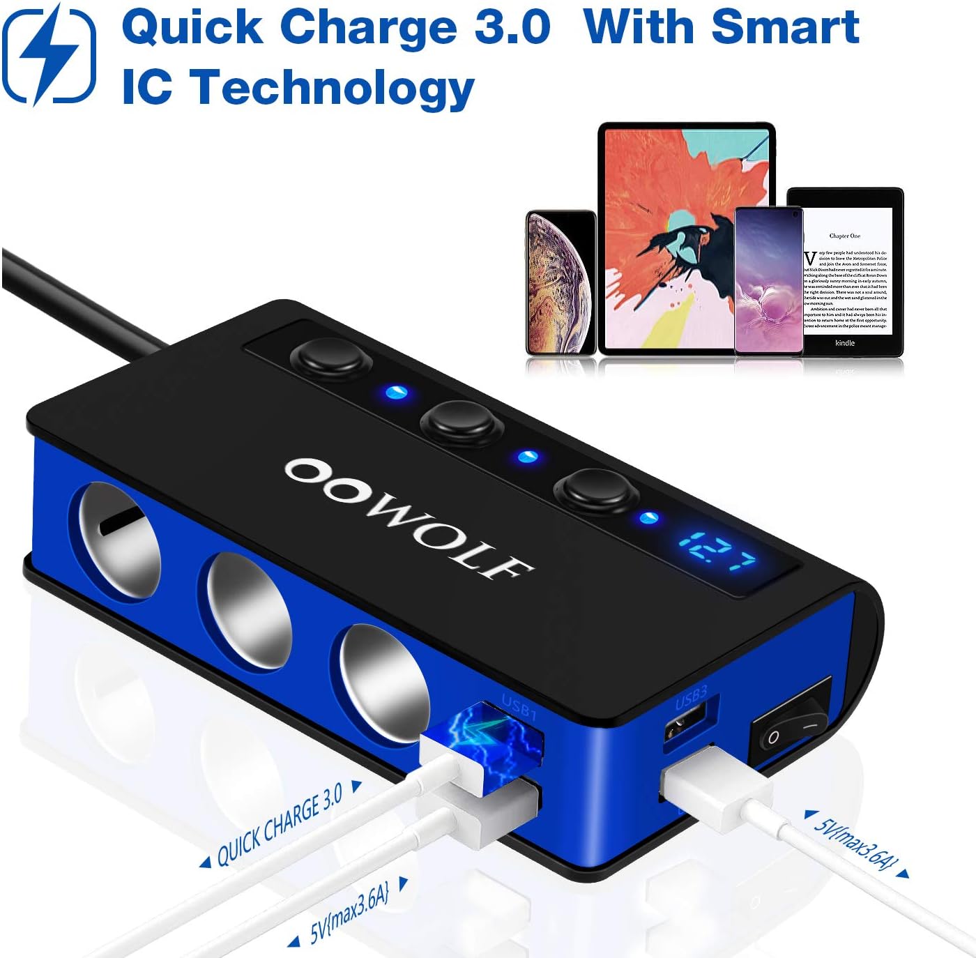 Detalle de OOWOLF Quick Charge 3.0 Car Power Splitter 180W