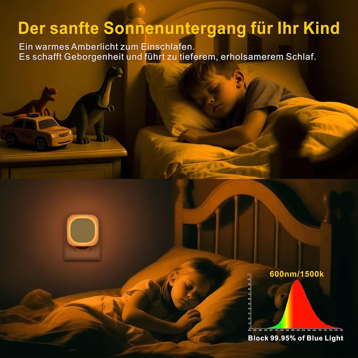 Detalle 2 de YUNLEX 2er Set Nachtlicht-Steckdose mit Dämmerungssensor, dimmbar – warmes Bernsteinlicht fürs Kinderzimmer