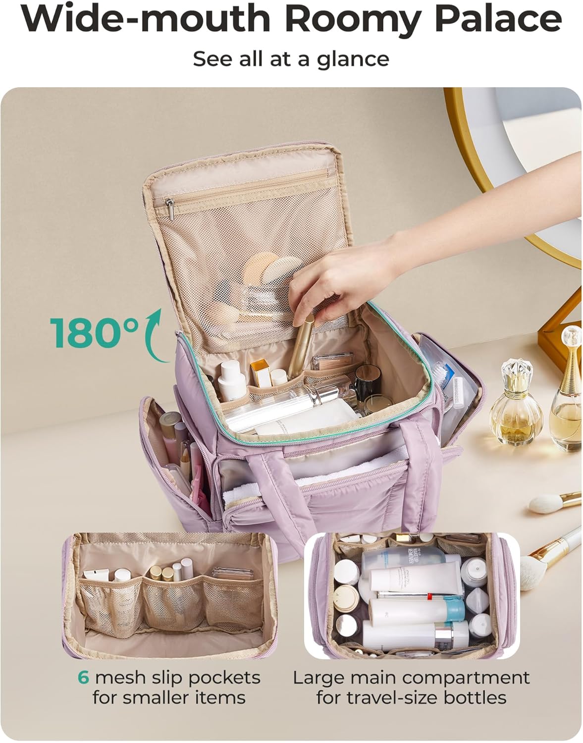 Detalle de BAGSMART Toiletry Bag for Women with Dual-Padded Handles (Camel) – Lightweight, Puffy Organizer for Makeup & Travel Essentials