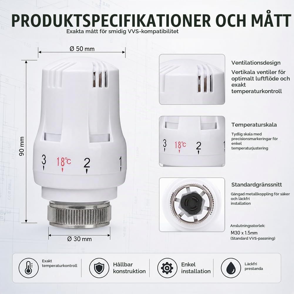 Thumbnail 5 de Zinueen 028WFK713 radiatortermostat, 6-pack med M30 x 1,5 och frostskydd