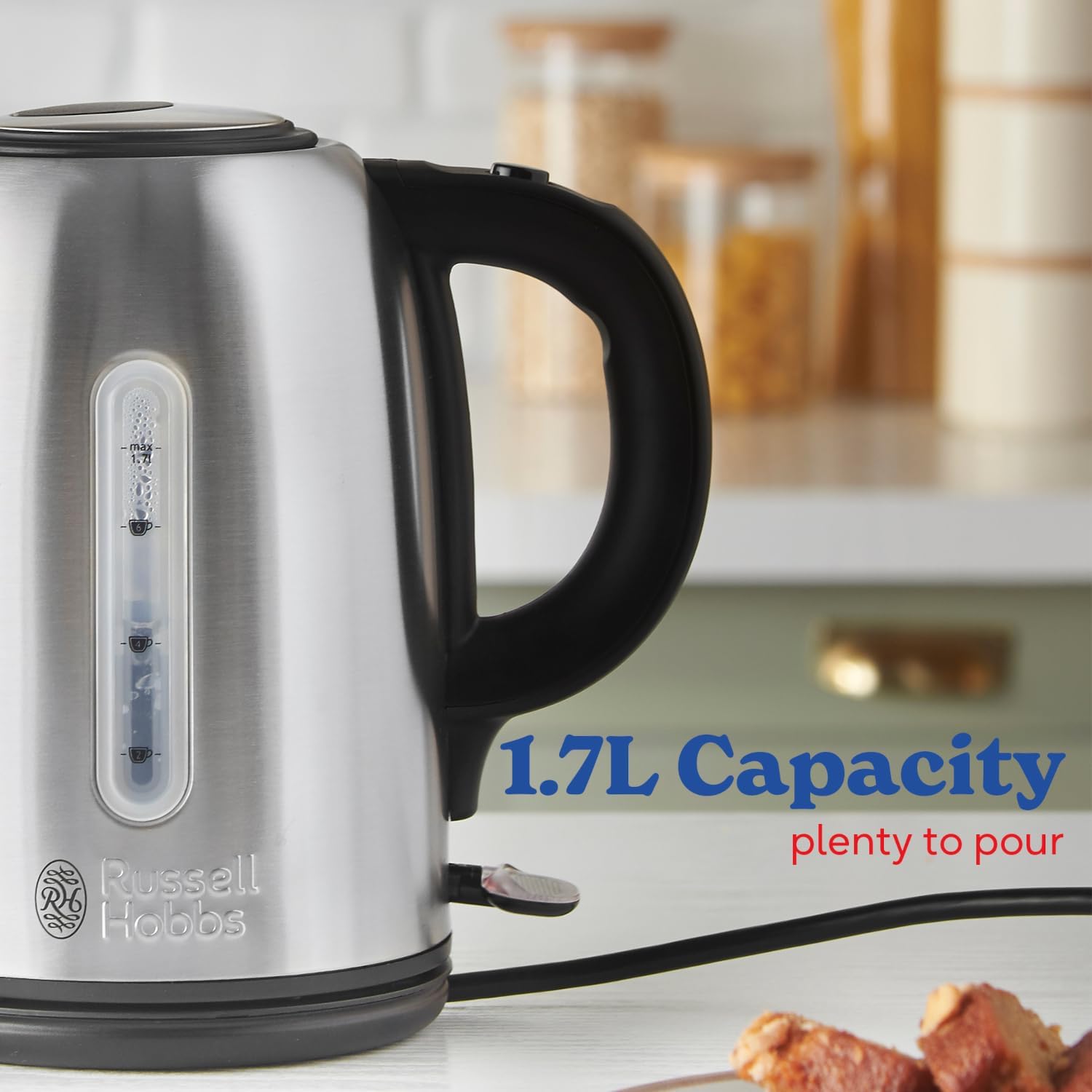 Detalle de Russell Hobbs Brushed Stainless Steel & Black Electric 1.7L Cordless Kettle (20441)