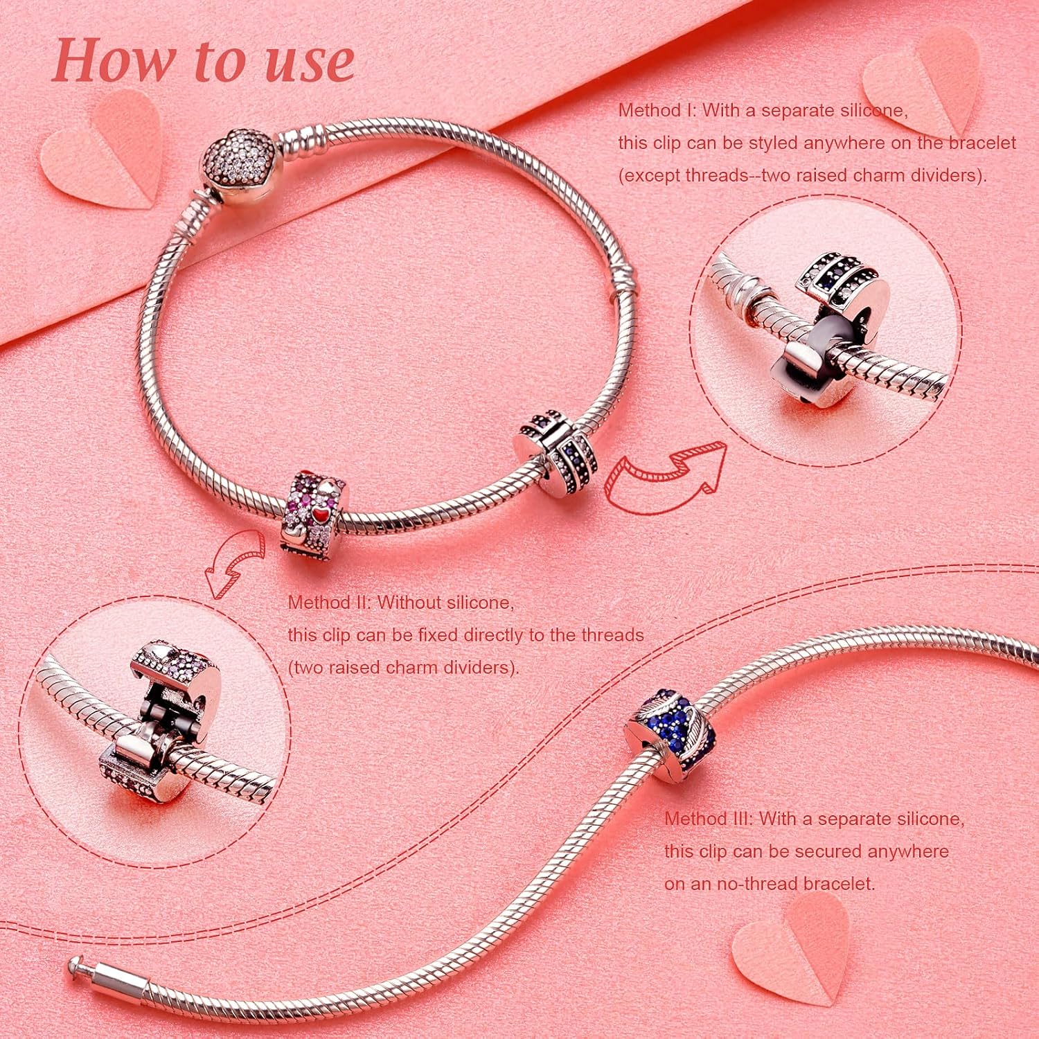Thumbnail 1 de Amuefer Clip Spacer Charms – 2 Stück aus 925 Sterling Silber, Cubic Zirkonia, Shell Pink Pavé