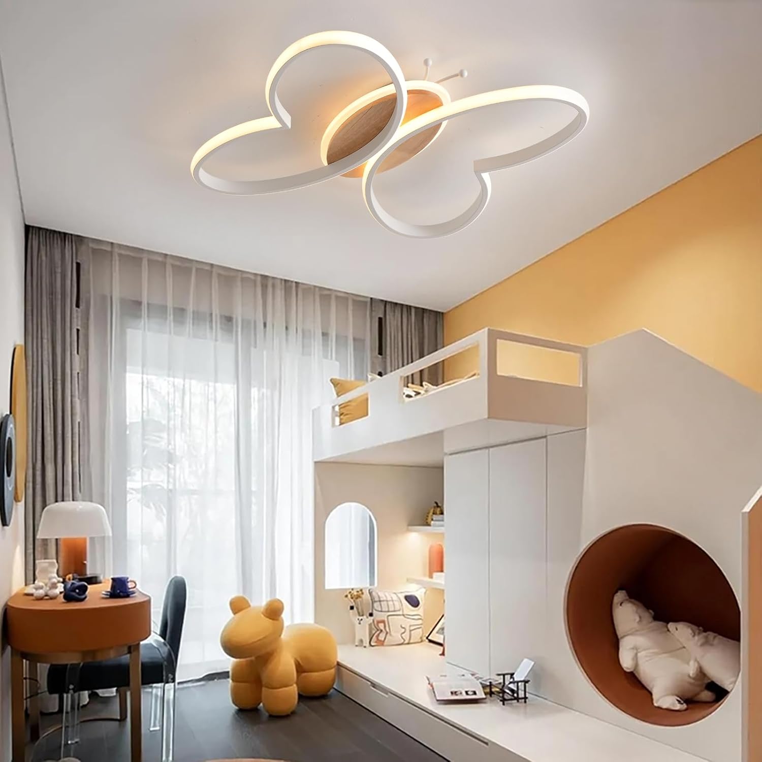 Detalle de LED Deckenleuchte Schlafzimmer mit Schmetterling-Design, 40W, 38 cm, dimmbar per Fernbedienung und Nachtlichtfunktion
