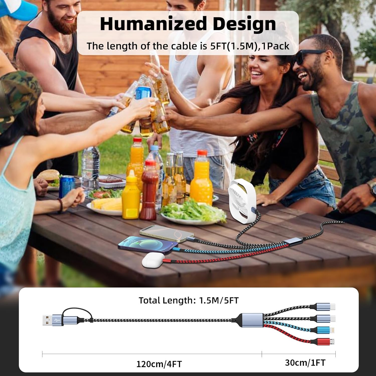 Thumbnail 6 de 4 in 2 Multi Charging Cable with Dual Type-C Port – 5FT USB A/C Charger for iPhone, Android, Tablets
