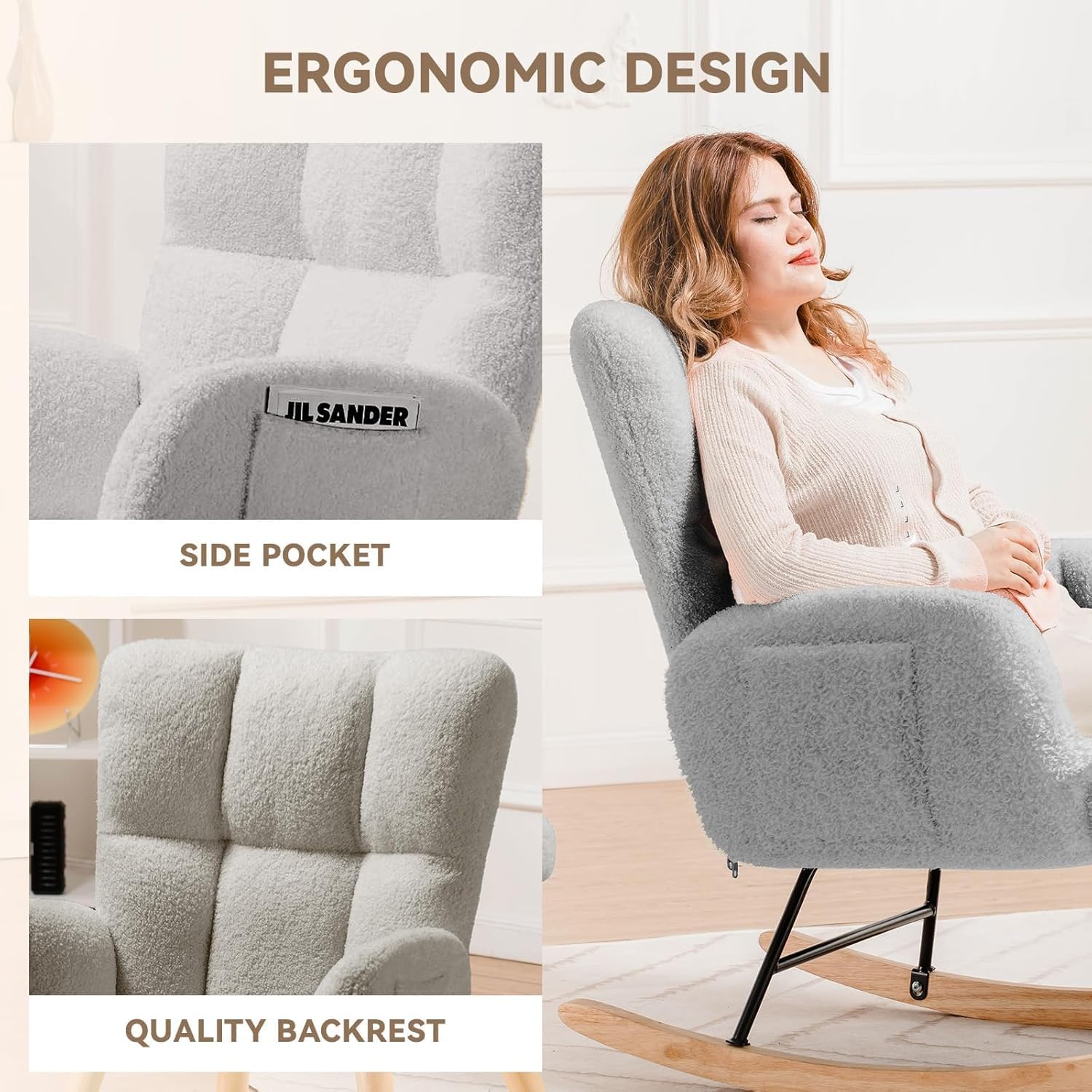 Thumbnail 6 de LUCKLIFE DF-DYJ-H003-GY Rocking Chair, Velvet Upholstery and High Back