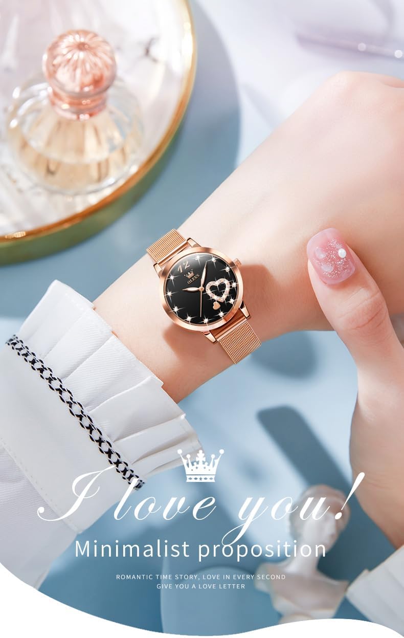 Detalle 2 de OLEVS Montre Luxe Or Rose pour femmes, bracelet maille acier inoxydable 316L, étanche 30 m (30m)