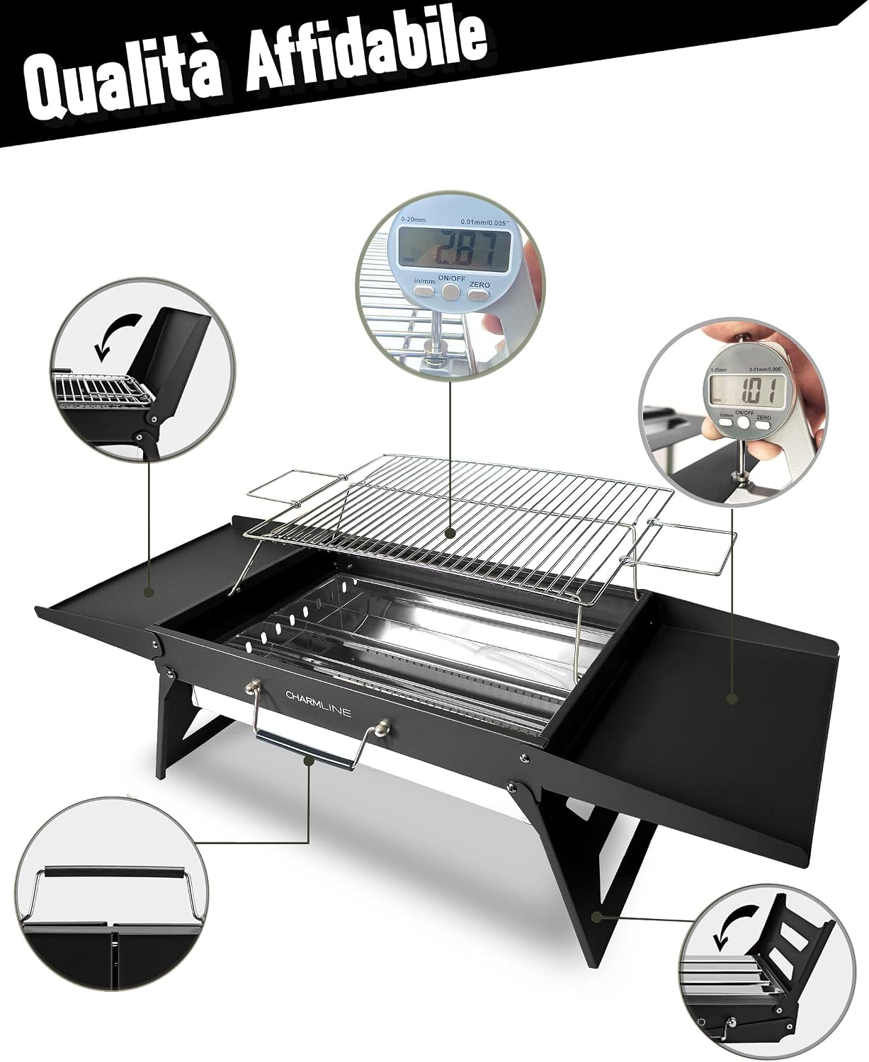 Detalle de Charmline Griglia a Carbone Portatile 47 x 34 cm: pieghevole e pronta all’uso per campeggio, picnic e feste