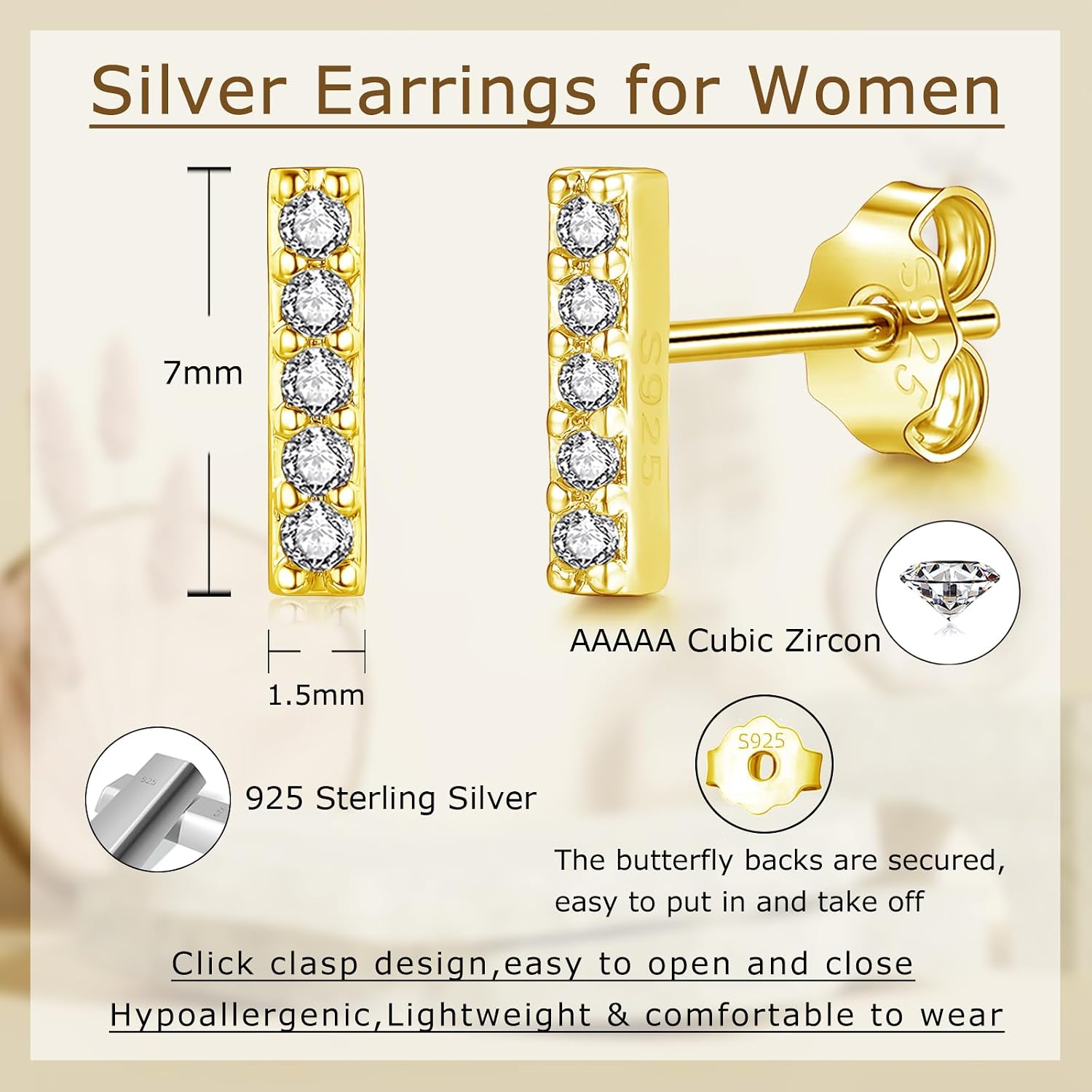 Detalle de Zolkamery Silver Stud Earrings – Small 925 Sterling Silver Cross/Bar, Hypoallergenic Sleeper Earrings