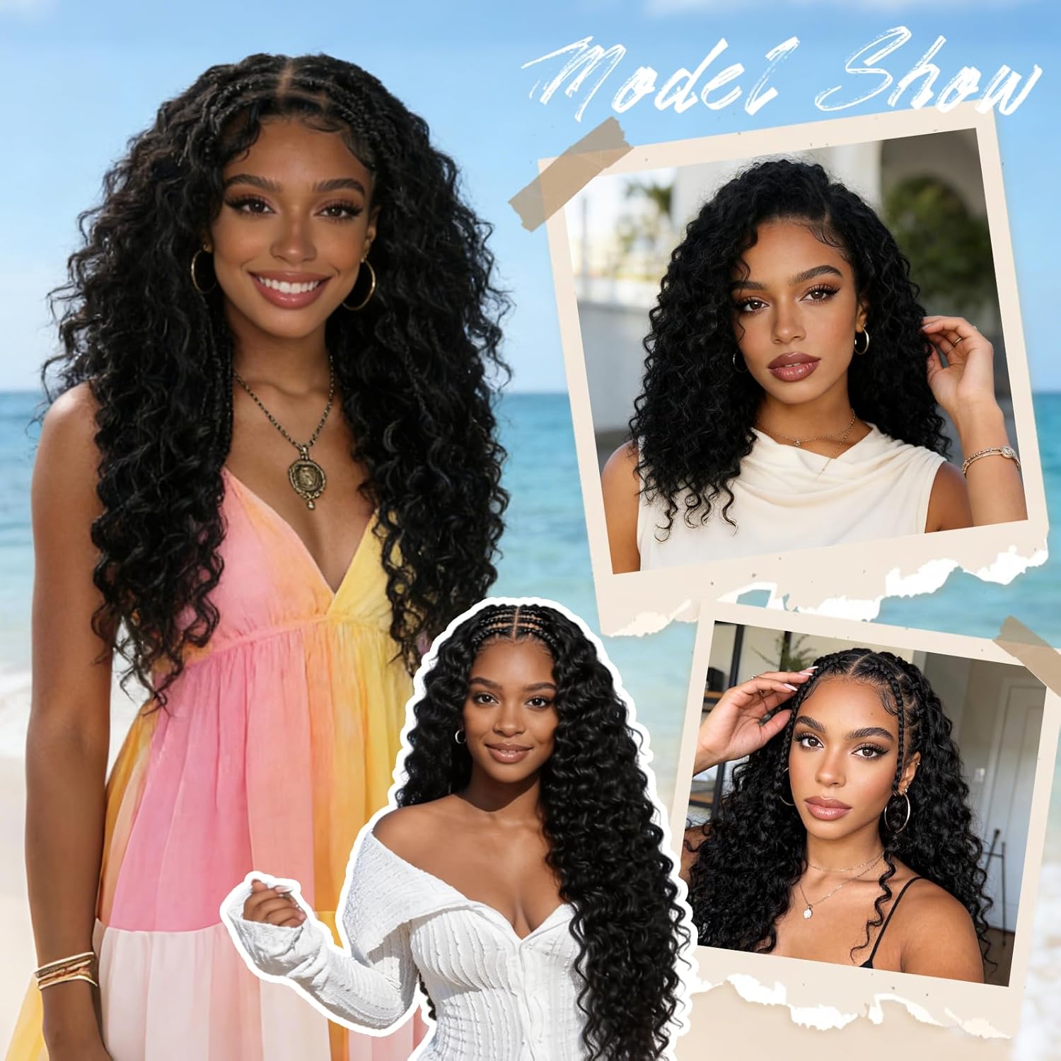 Detalle de Human Crochet Hair for Black Women: 14 Inch Feather Deep Wave Crochet Extensions, 60g, 50 Strands