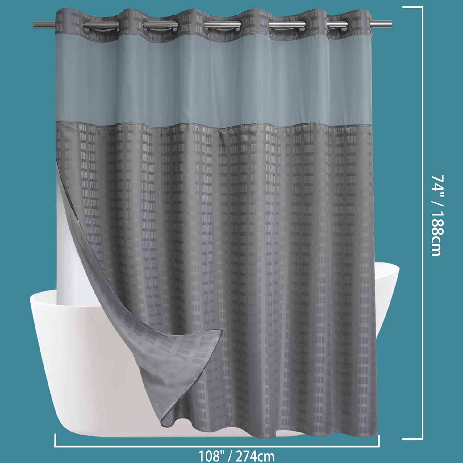 Detalle 2 de Conbo Mio Extra-Wide Hotel-Style Shower Curtain, Check-Grey, 108" x 74
