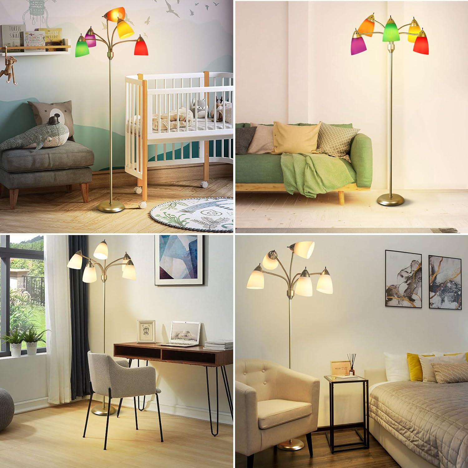 Thumbnail 6 de 5 Way LED Floor Lamp | Modern Gold Tree with 10 Shades (5 White, 5 Colourful)