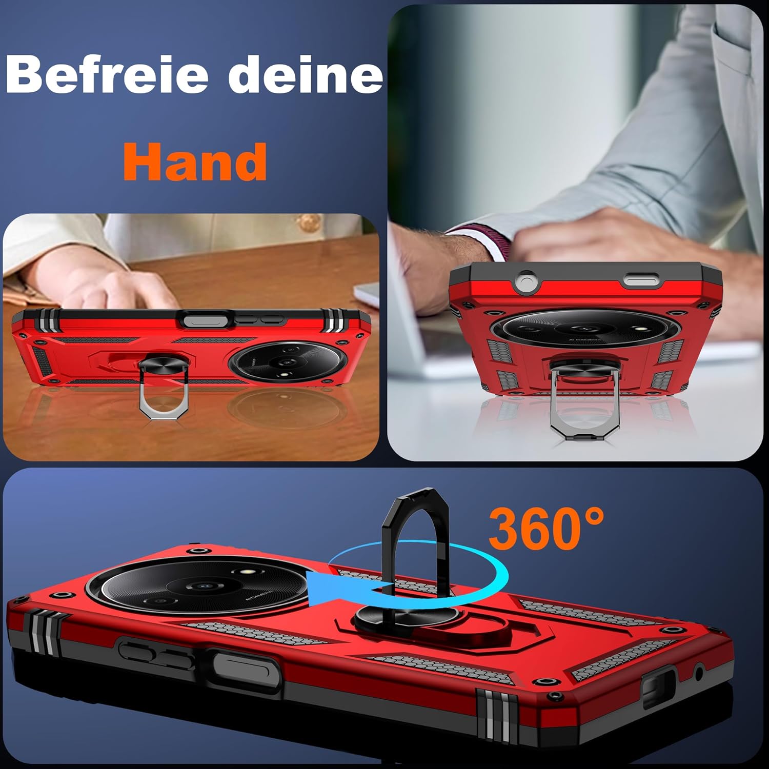 Detalle de Pilaru Handyhülle für Xiaomi Redmi A3 4G – 360° Metallring Ständer, Fallschutz nach Militärstandard