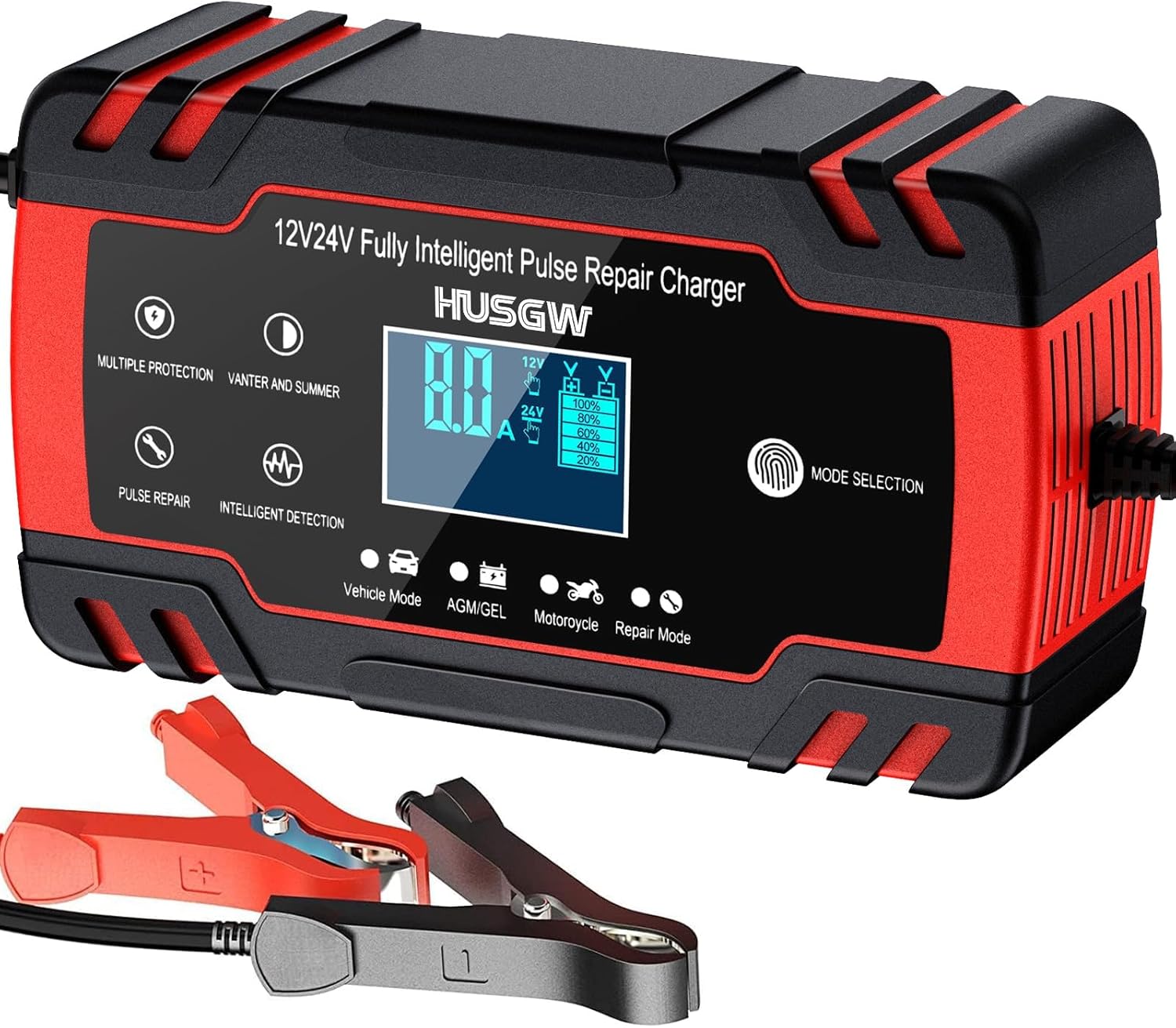 Detalle de Husgw Chargeur Batterie Voitures 12V/24V 8A – Chargeur intelligent avec fonction réparation et écran LCD