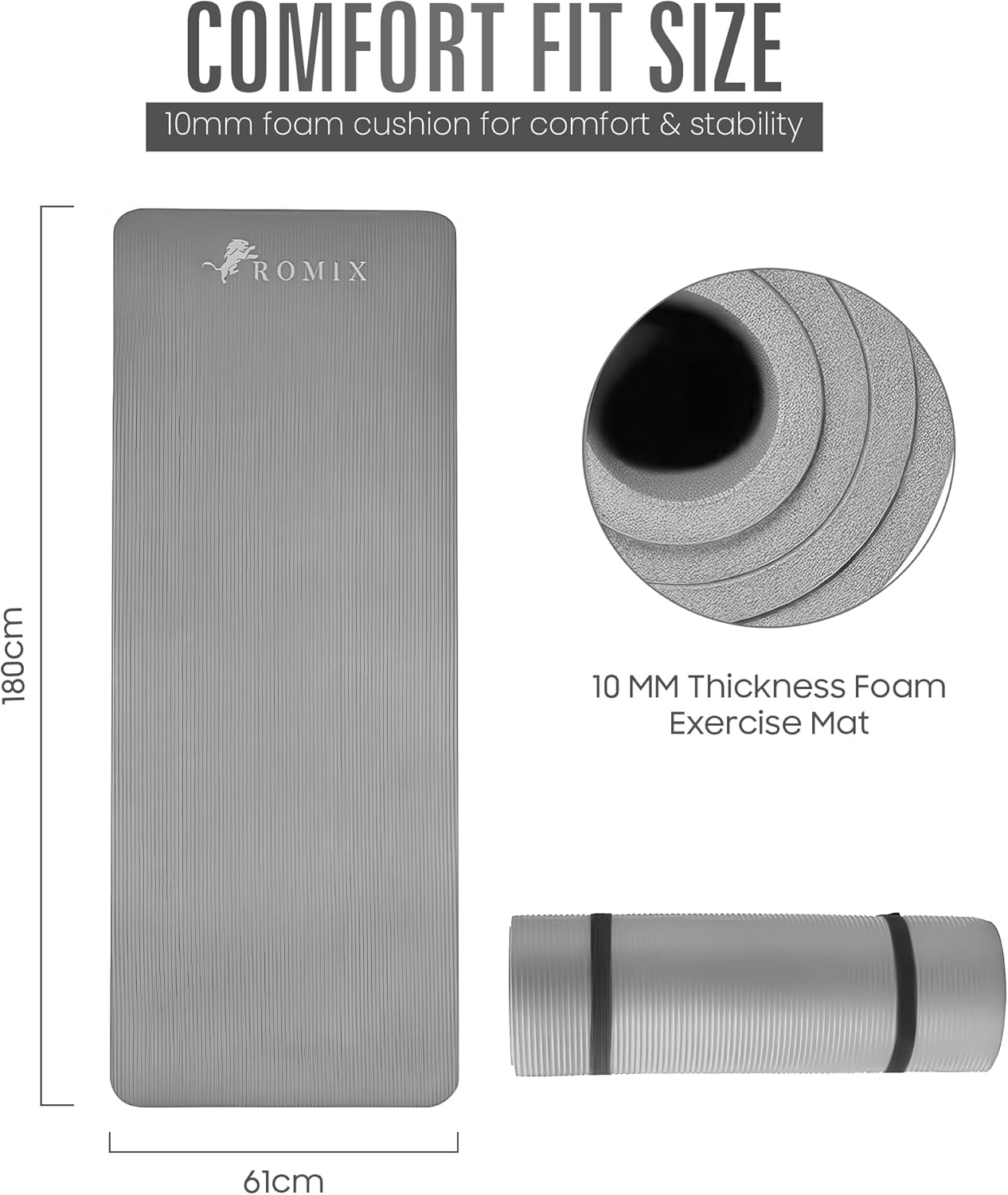 Detalle de ROMIX Yoga Mat Thick 10mm: Non-Slip 180x60cm Foam Exercise Mat