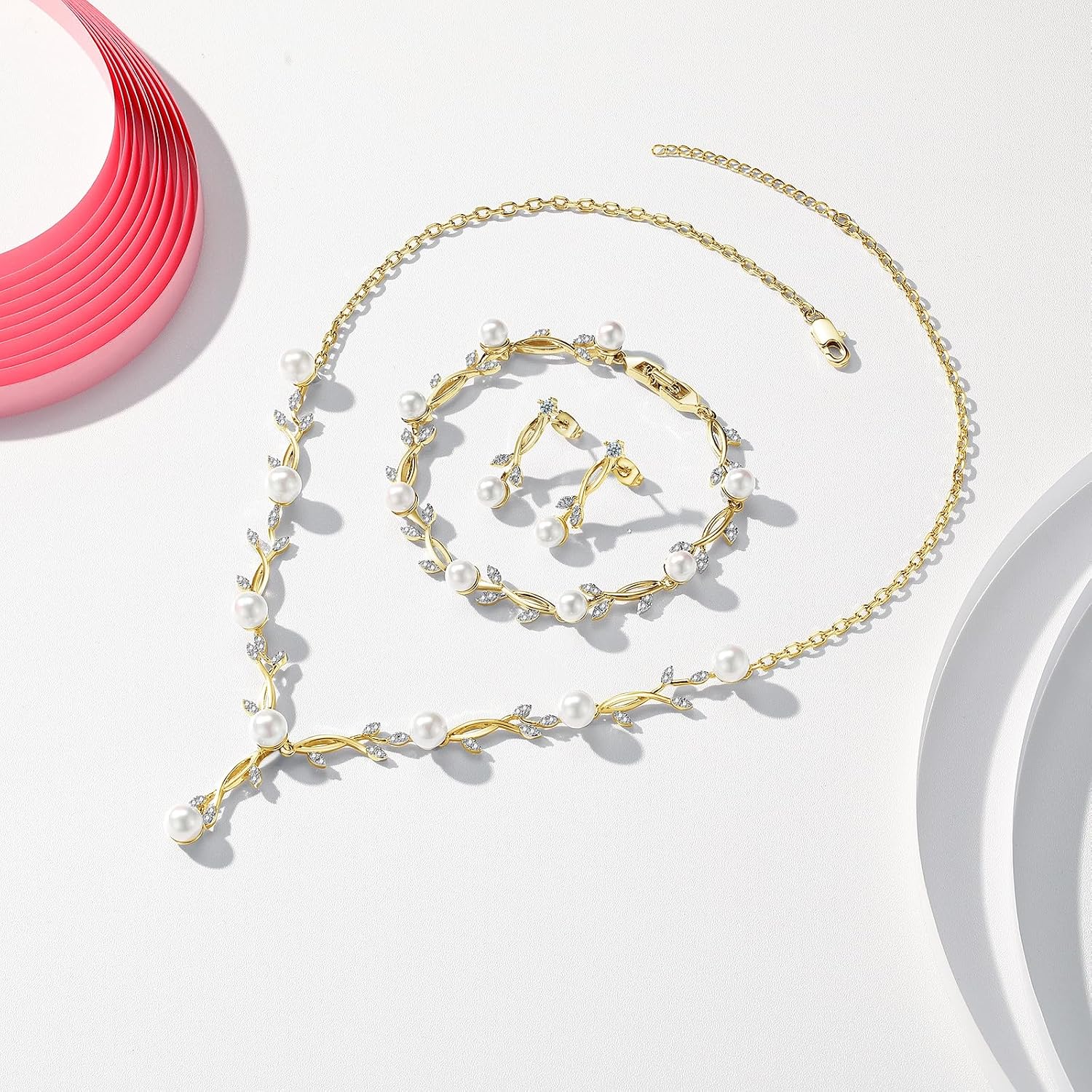 Detalle de Toplstud Hochzeit 925 Schmuckset Silbern – Halskette, Armband und Ohrringe in Blattform mit Perlen und Zirkonia