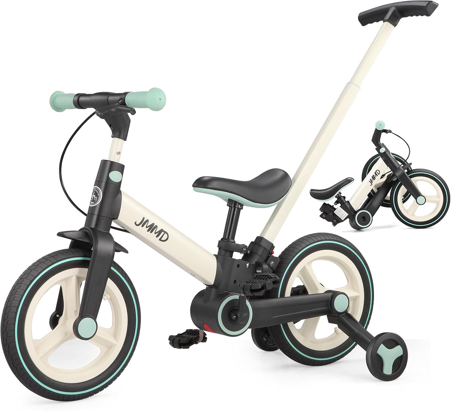 Detalle de JMMD 6-in-1 Toddler Bike (12 inch) with Training Wheels, Pedals, Kickstand & Adjustable Parent Handle