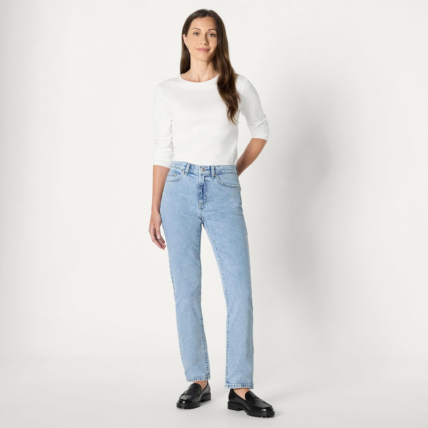 Detalle de Amazon Essentials Jeans Vita Alta a Gamba Dritta Donna, Lavaggio Chiaro Colorato con Ghiaccio (42)