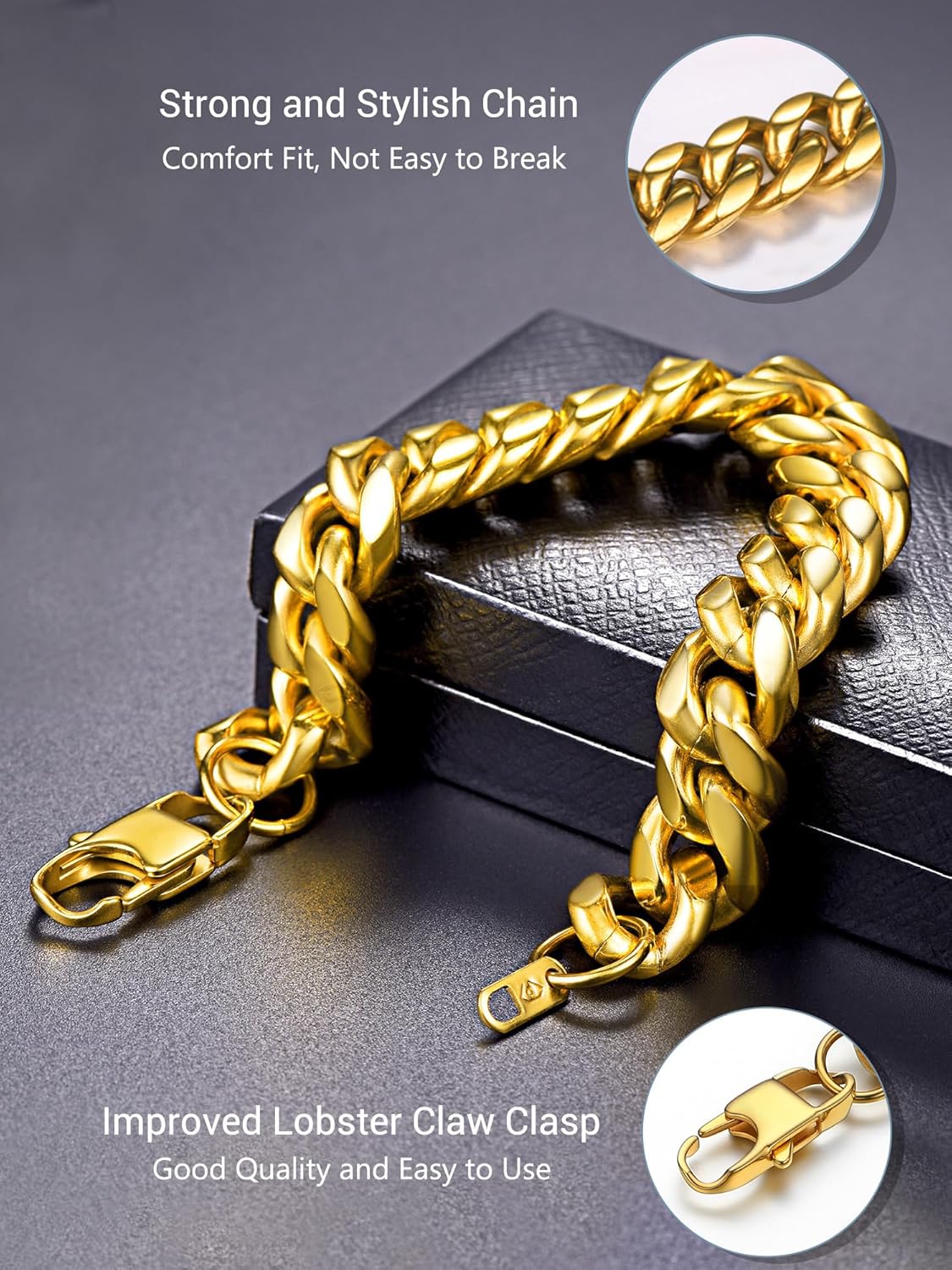 Thumbnail 5 de PROSTEEL Bracciale da Uomo in Acciaio Inossidabile Placcato Oro – Maglie Cubane, L 16/19/21 cm, 4,8–14 mm