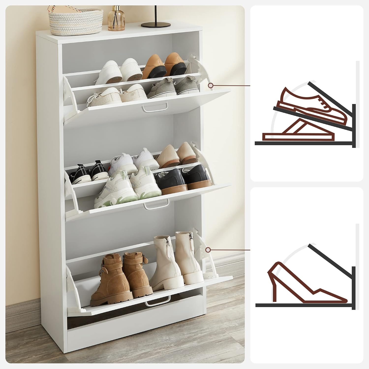 Detalle de VASAGLE LBC03WT 3-Door Shoe Cabinet, Slim White Cupboard with Adjustable Tiers