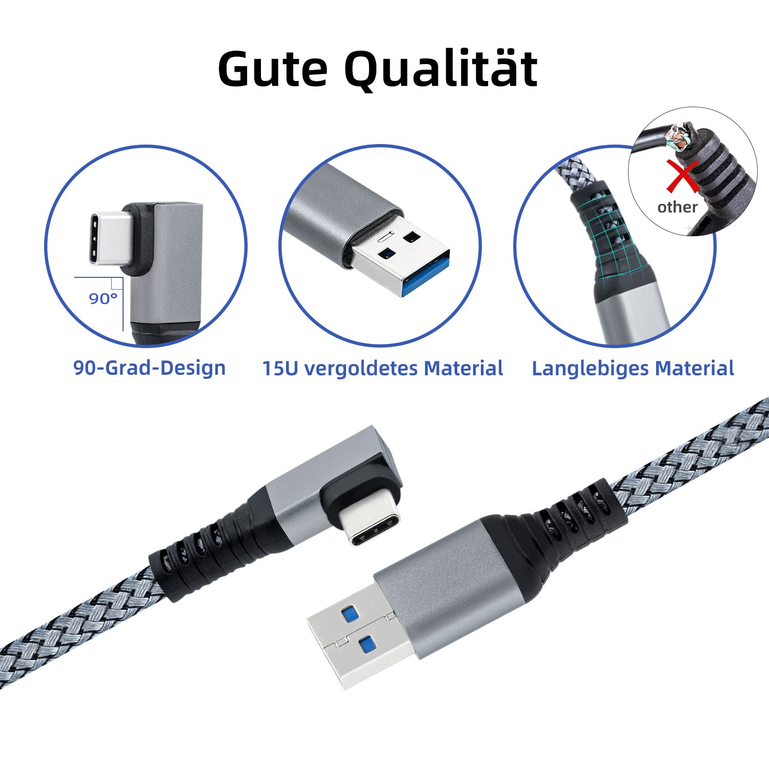Thumbnail 5 de Mcbazel Link Kabel Typ-C auf USB 3.0, 6 m, rechtwinklig – Schnellladekabel & Datenübertragung für Quest/Quest 2/Quest 3