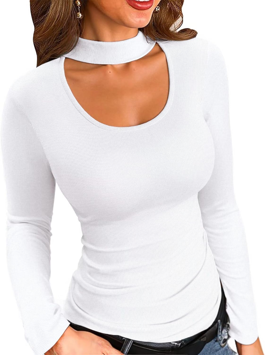 Detalle de VICHYIE Damen Ribetrick Langarm Shirt Top – Doppel-Kragen-Design und bequeme Rippstruktur