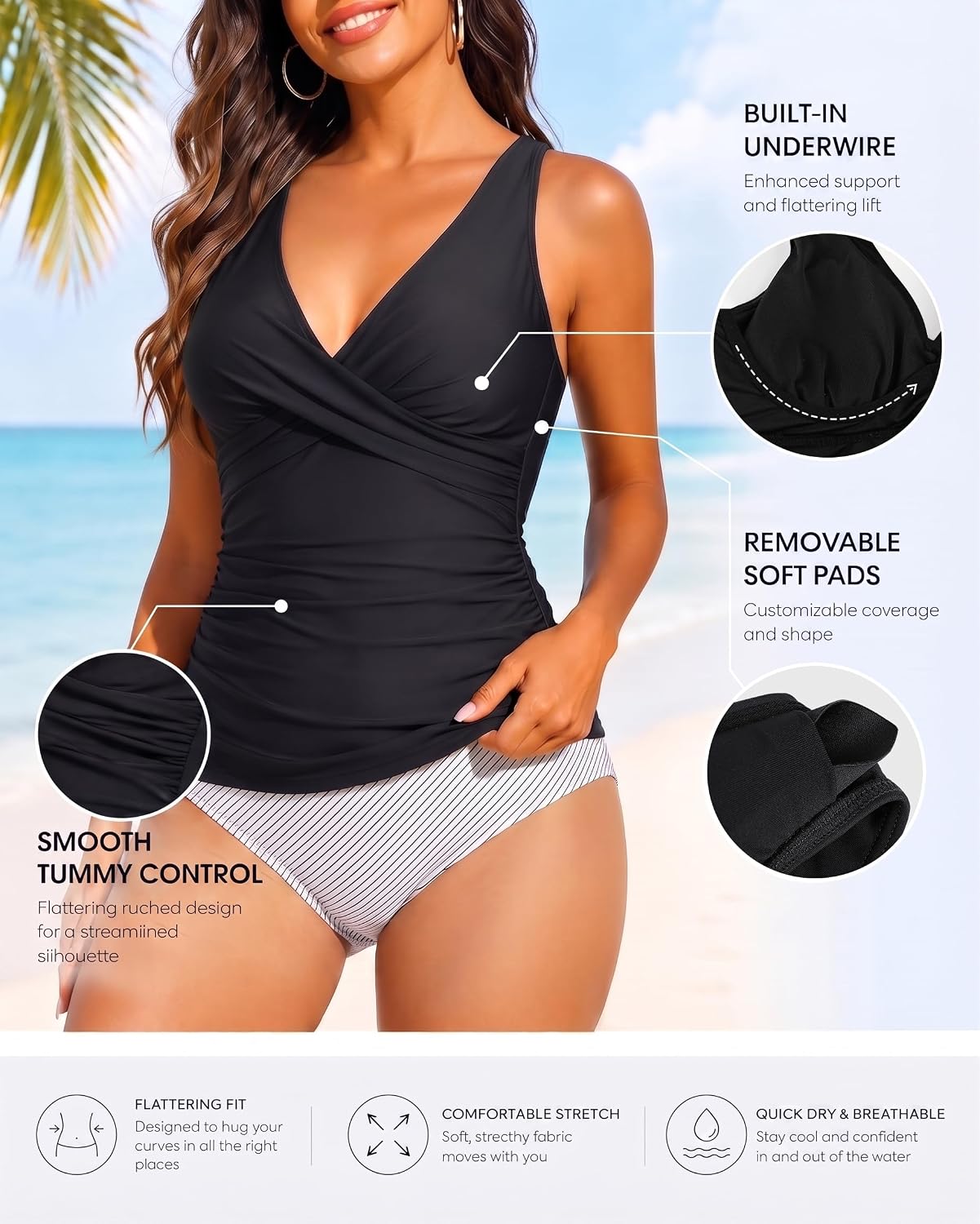 Detalle de Hilor Women's Underwire Tankini Top with Tummy Control and V-Neck Cross Front