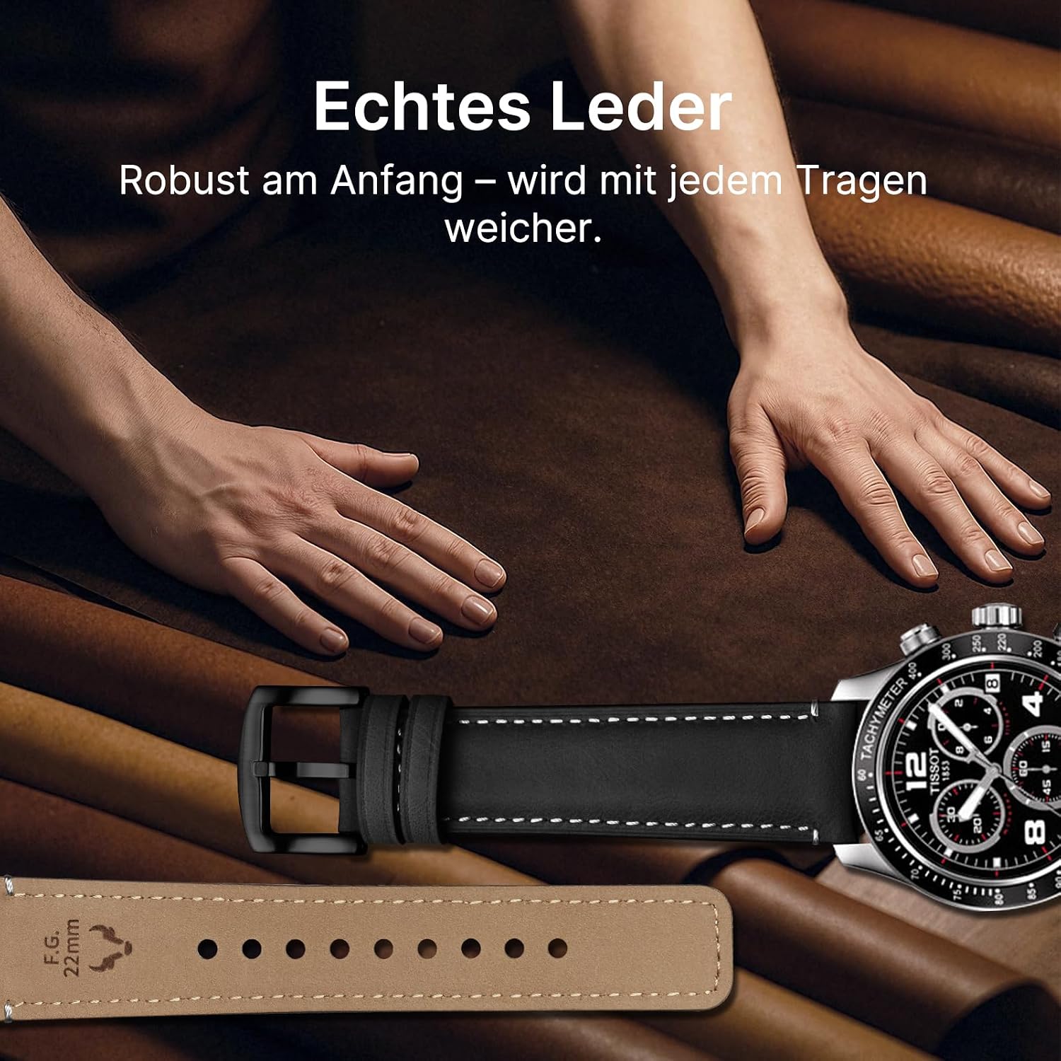 Detalle de Fullmosa 20mm Lederarmband mit Schnellverschluss – kompatibel mit Samsung Watch, Garmin und mehr (Schwarz, Hardware Schwarz)