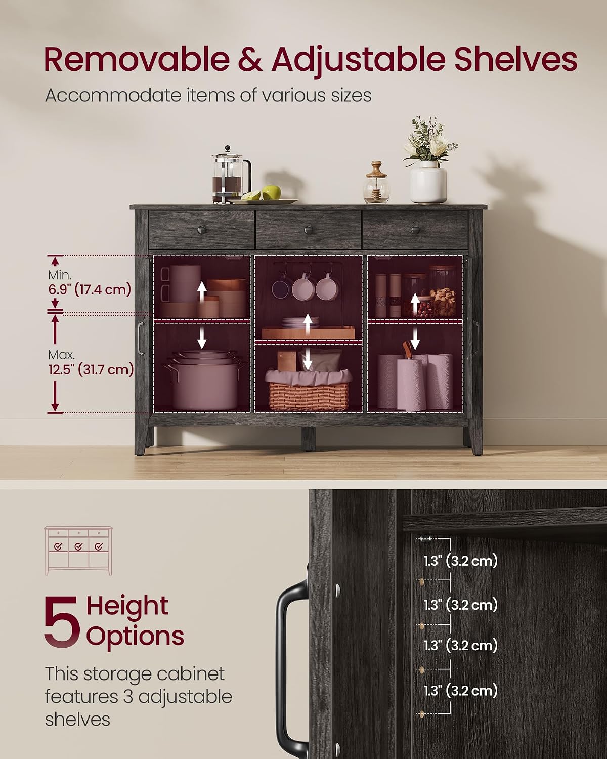 Detalle 2 de VASAGLE Buffet Cabinet, Antique Charcoal