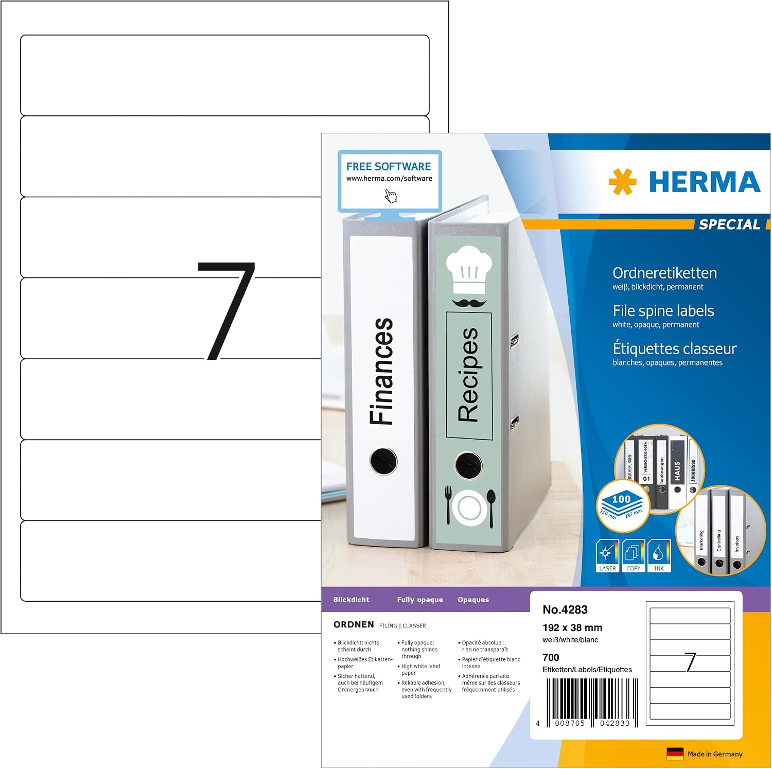 Detalle de HERMA 4283 ryggetiketter 192 x 38 mm, vita och ogenomskinliga, 700 st