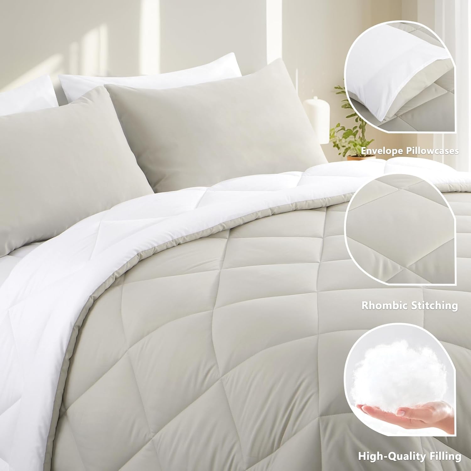 Detalle de RUIKASI Coverless Duvet King Size 10.5 Tog (400GSM) with 2 Pillowcases – Reversible Beige/White