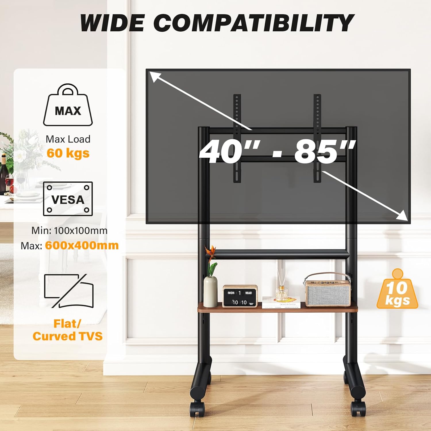 Thumbnail 5 de Support TV mobile 5Rcom sur roulettes (40 à 85 pouces) avec étagère et 60 kg – cadre noir