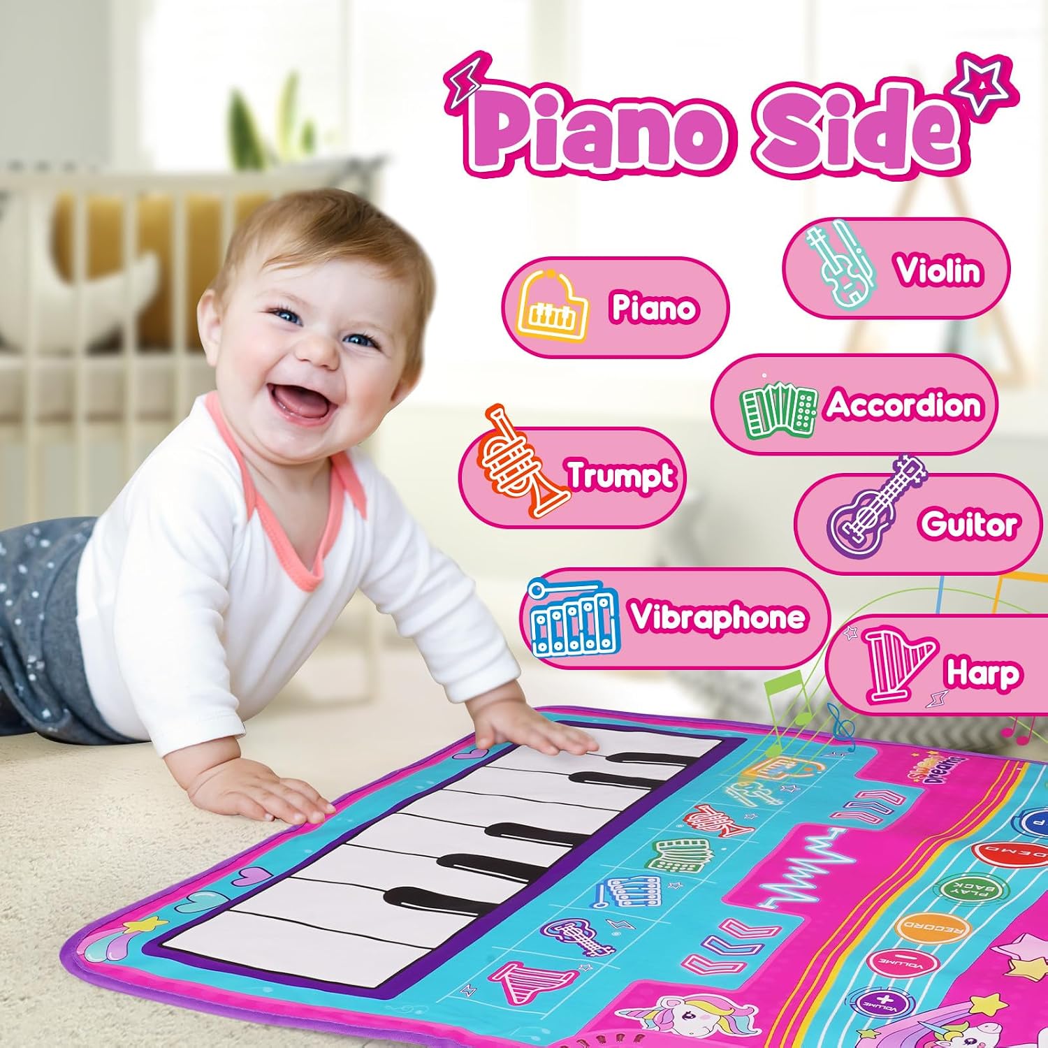Thumbnail 2 de Gralal Unicorn 3-in-1 Musical Mat for 1–2 Year Old Girls – Pink Piano Drum with 19 Sounds