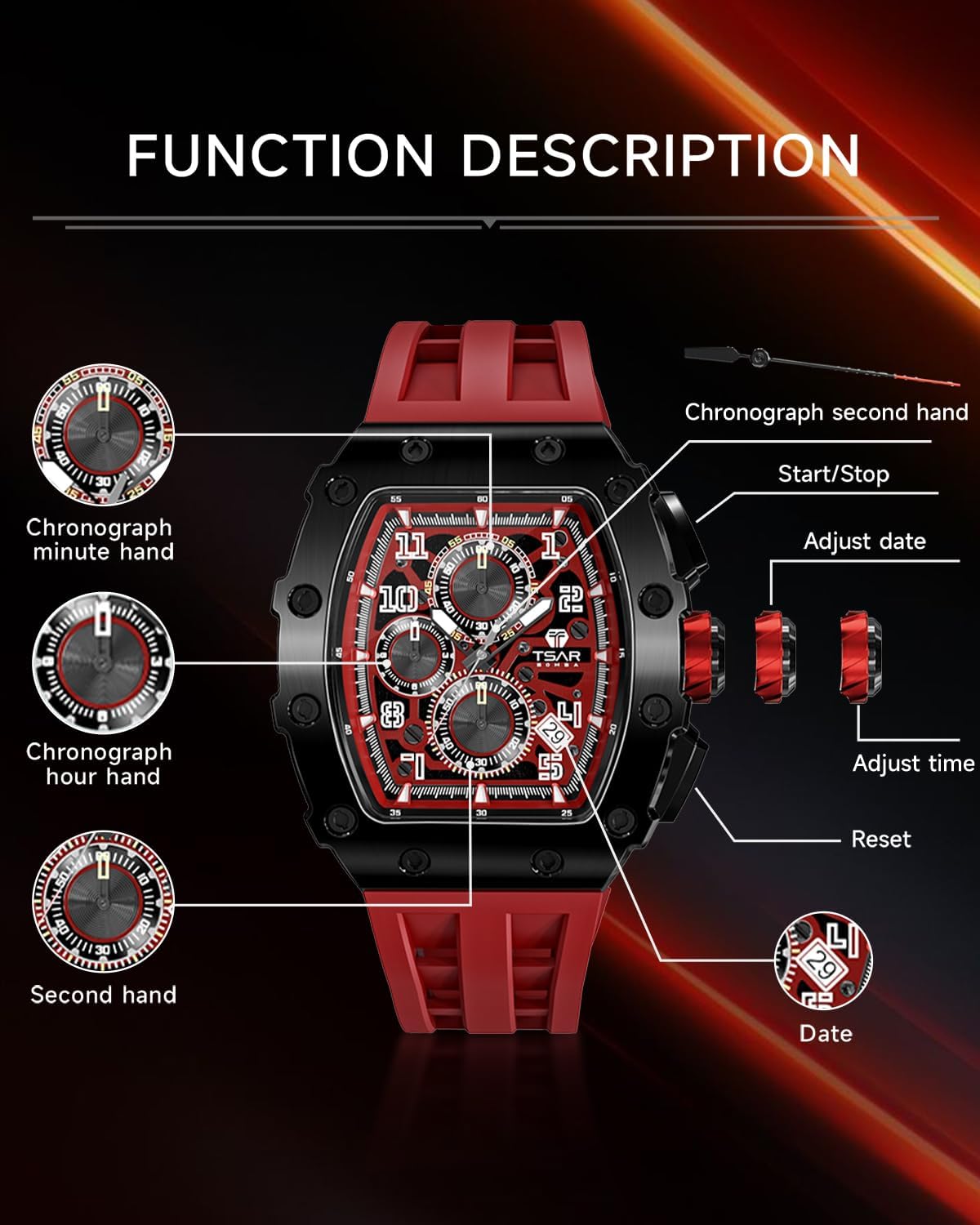 Detalle de TSAR BOMBA Montre de luxe pour homme à quartz japonais, étanche 50 m, affichage de la date